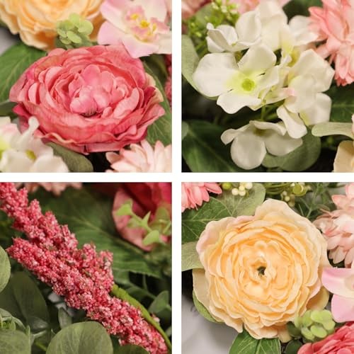 22 Inch Spring Summer Wreath for Front Door, Realistic Silk Peony & Hydrangea