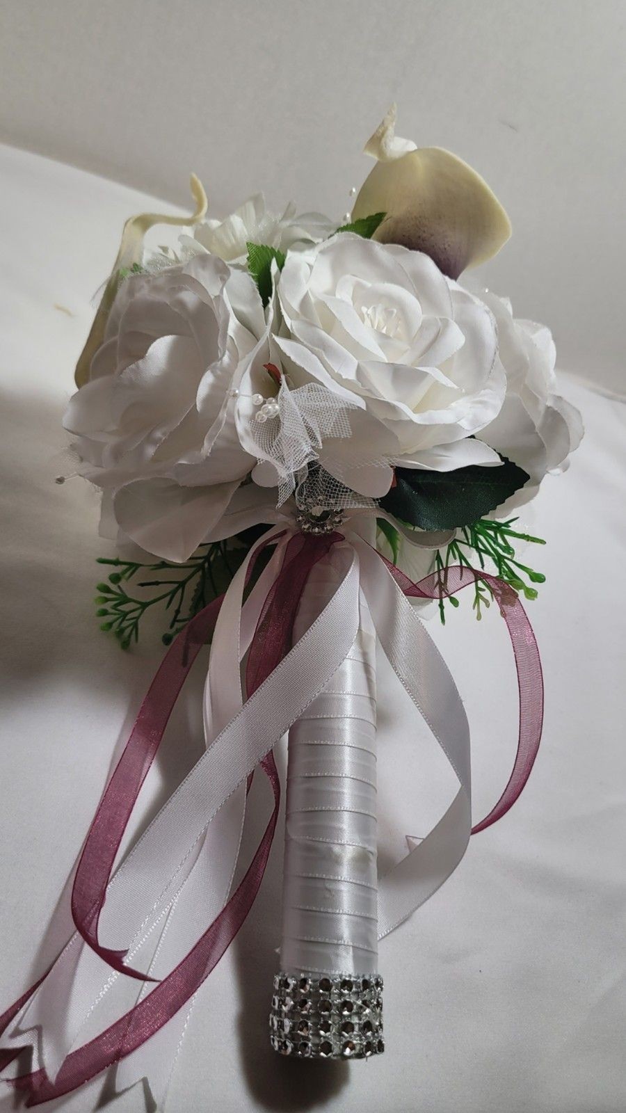 Wedding Bouquet for Bride Bridesmaid, White Roses White Bling 9.5″
