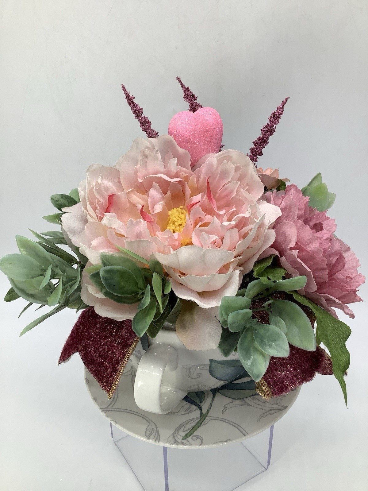 Handmade Valentines Day Pink Tea Cup Floral Arrangement