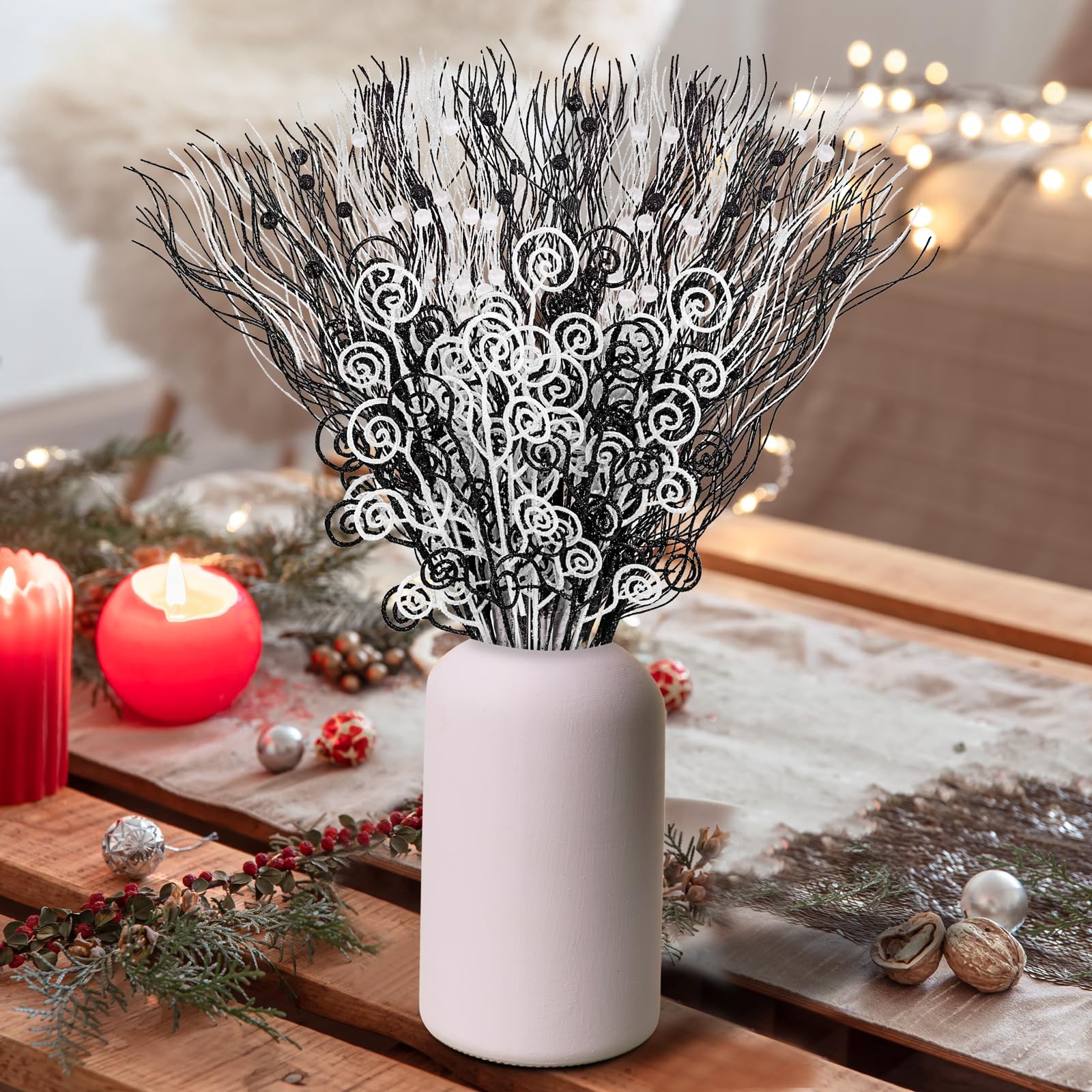 52Pcs Christmas Tree Decorations Black White Artificial Glitter Picks Sprays …