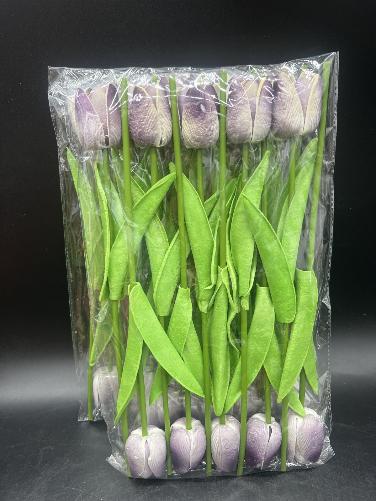 28 Pcs Purple Artificial Tulips Silk Flowers, Long Stem Green Leaves Real Touch