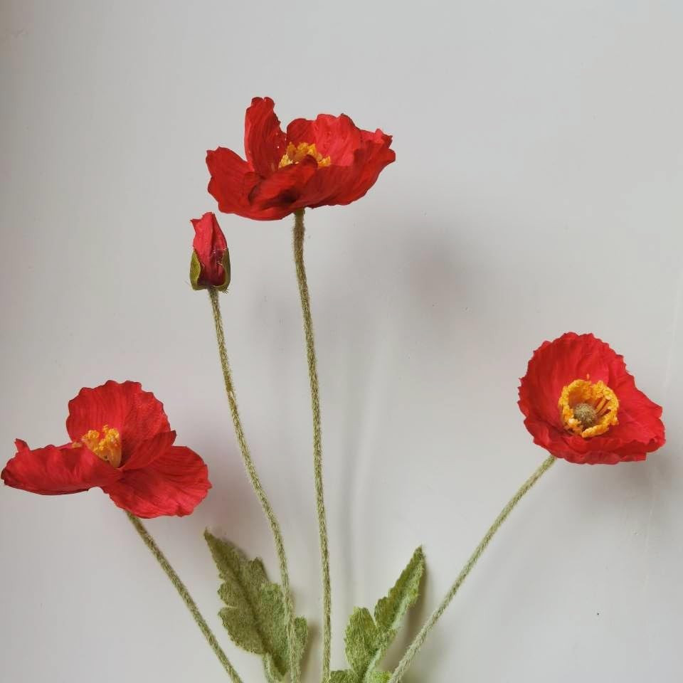 3 Bundles of 22 inches Tall Red Poppy Flowers Artificial,Ranunculus Artificial F