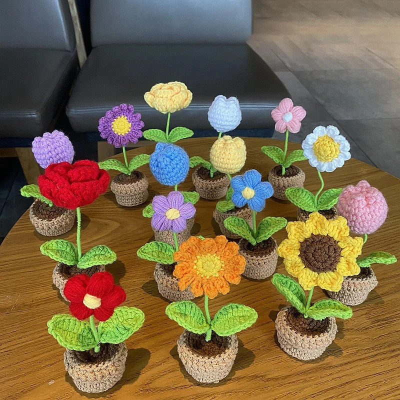 Crochet Artificial Tulip Sunflower Potted Hand Woven Knitted Home Decoration