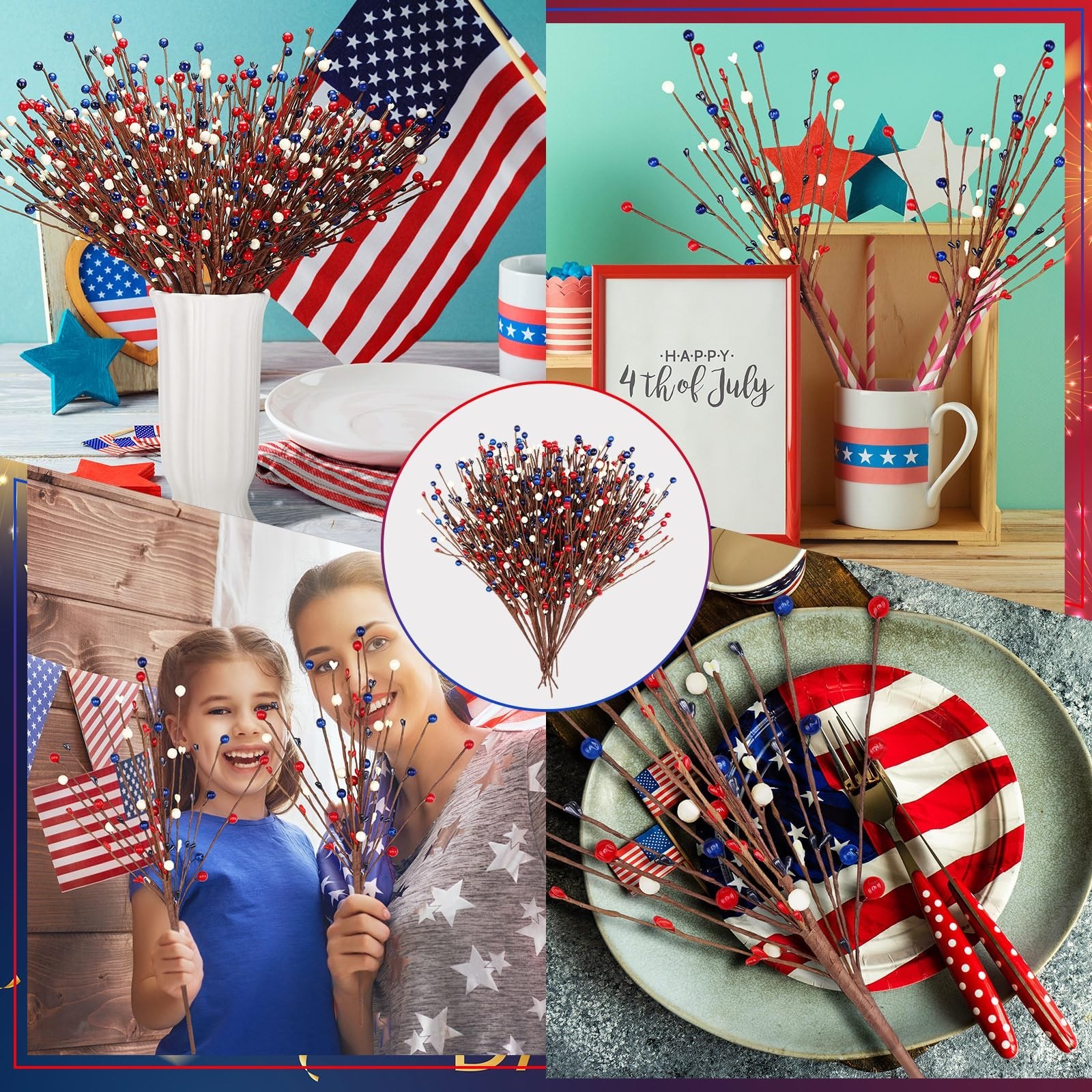 20 Pcs Patriotic Berry Stem Picks – Red White Blue Floral Decor for 4th of July