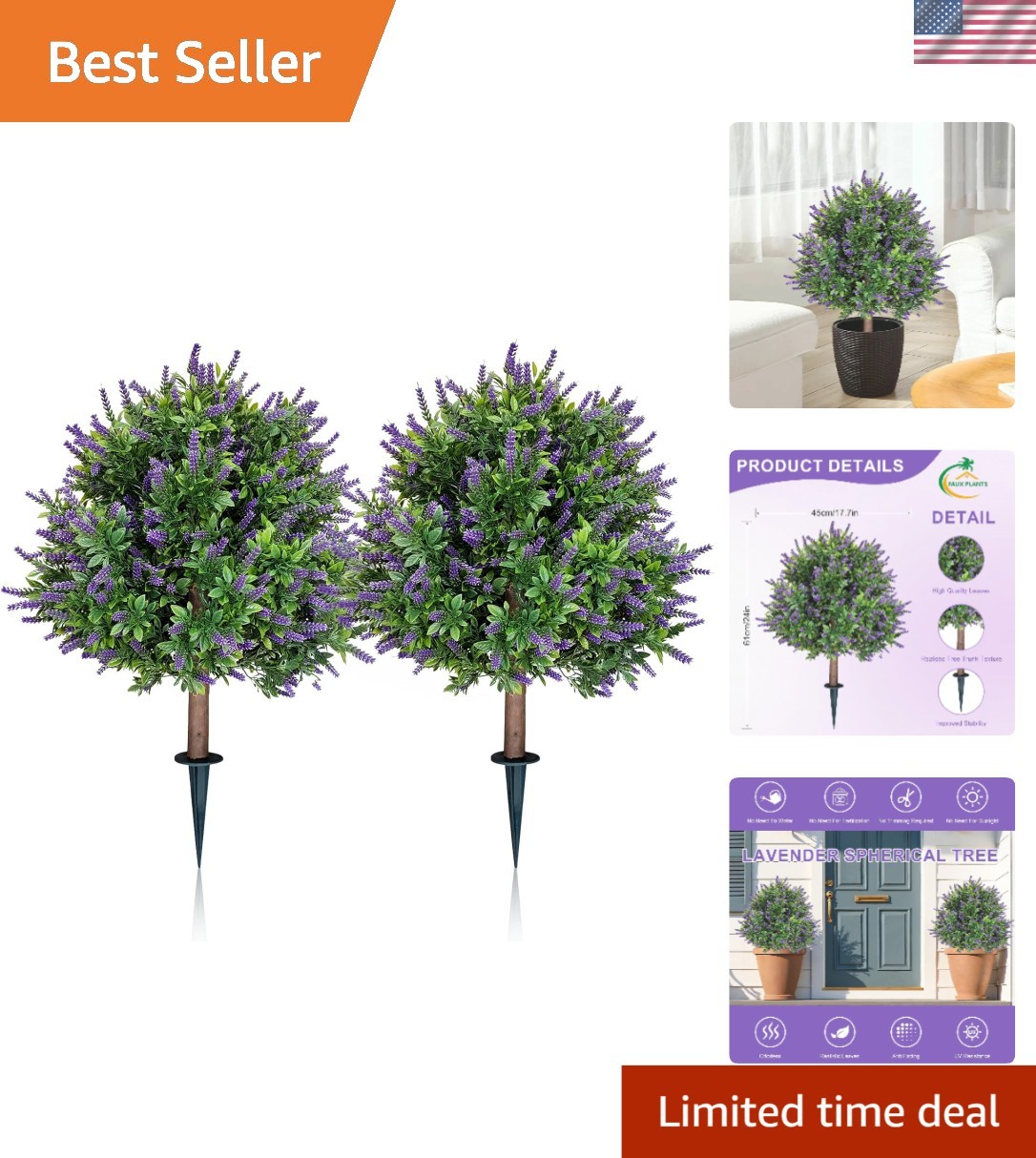 Artificial Lavender Topiary Ball for Outdoors, Set of 2 Boxwood Plant Tree With