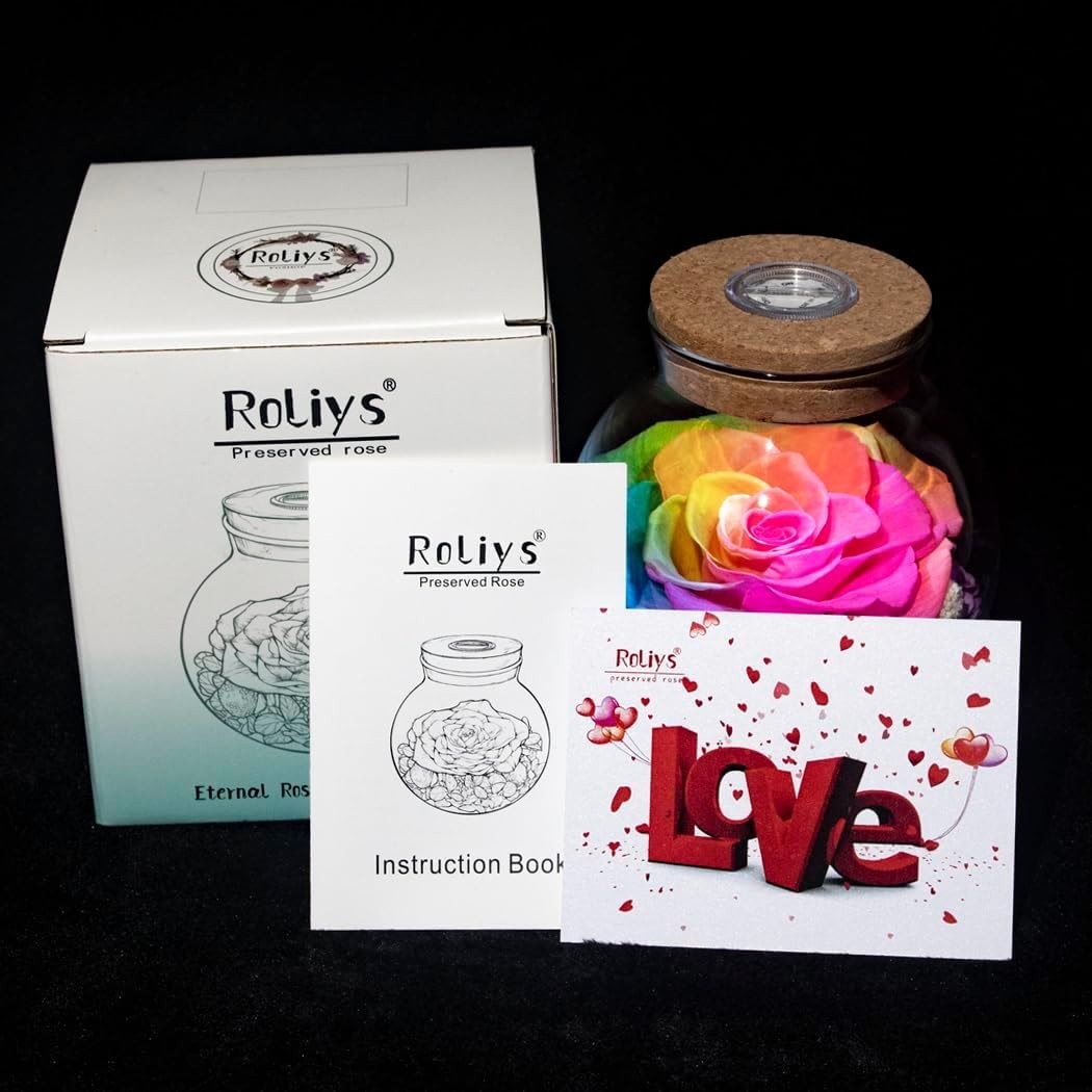 Preserved Real Roses with Colorful Mood Light Wishing Bottle,Eternal Rose,Never