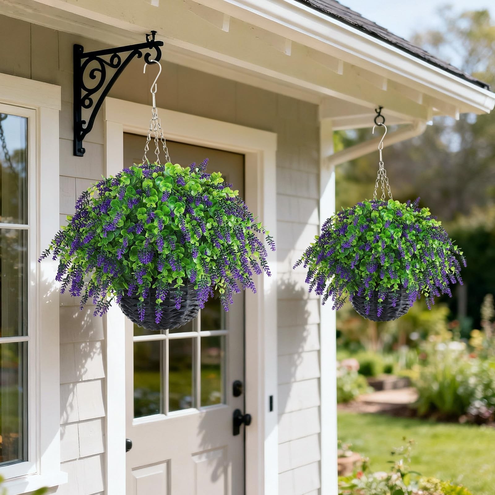 Artificial Lavender and Eucalyptus Leaves Hanging Basket – 2 Set for Outdoor …