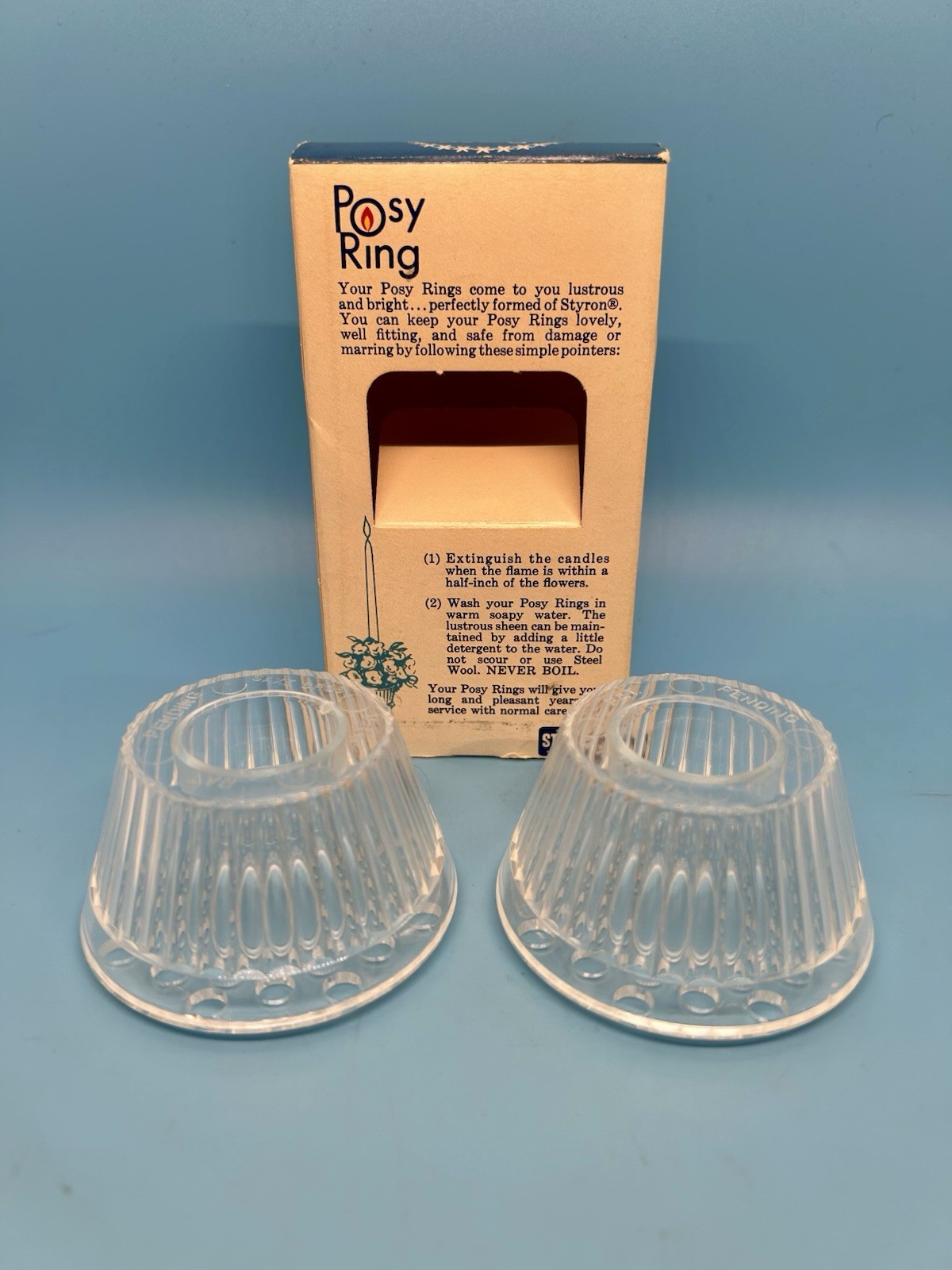 Vintage Posy Ring Pair w Box Flower Frog Floral Candle Holder Mid Century