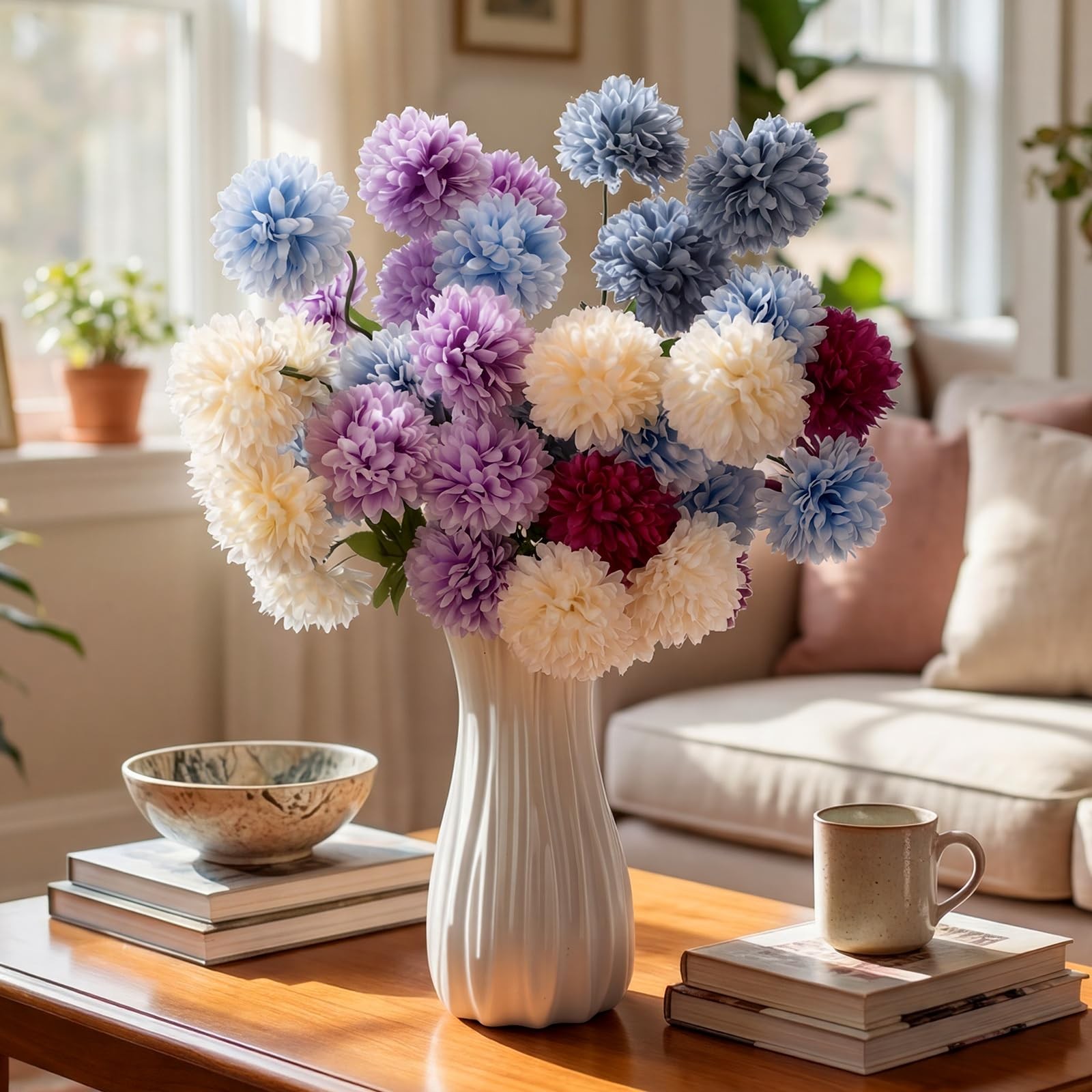 8pcs 21in Artificial Chrysanthemum Navy Blue Silk Mum Flowers with 5 Heads Fa…
