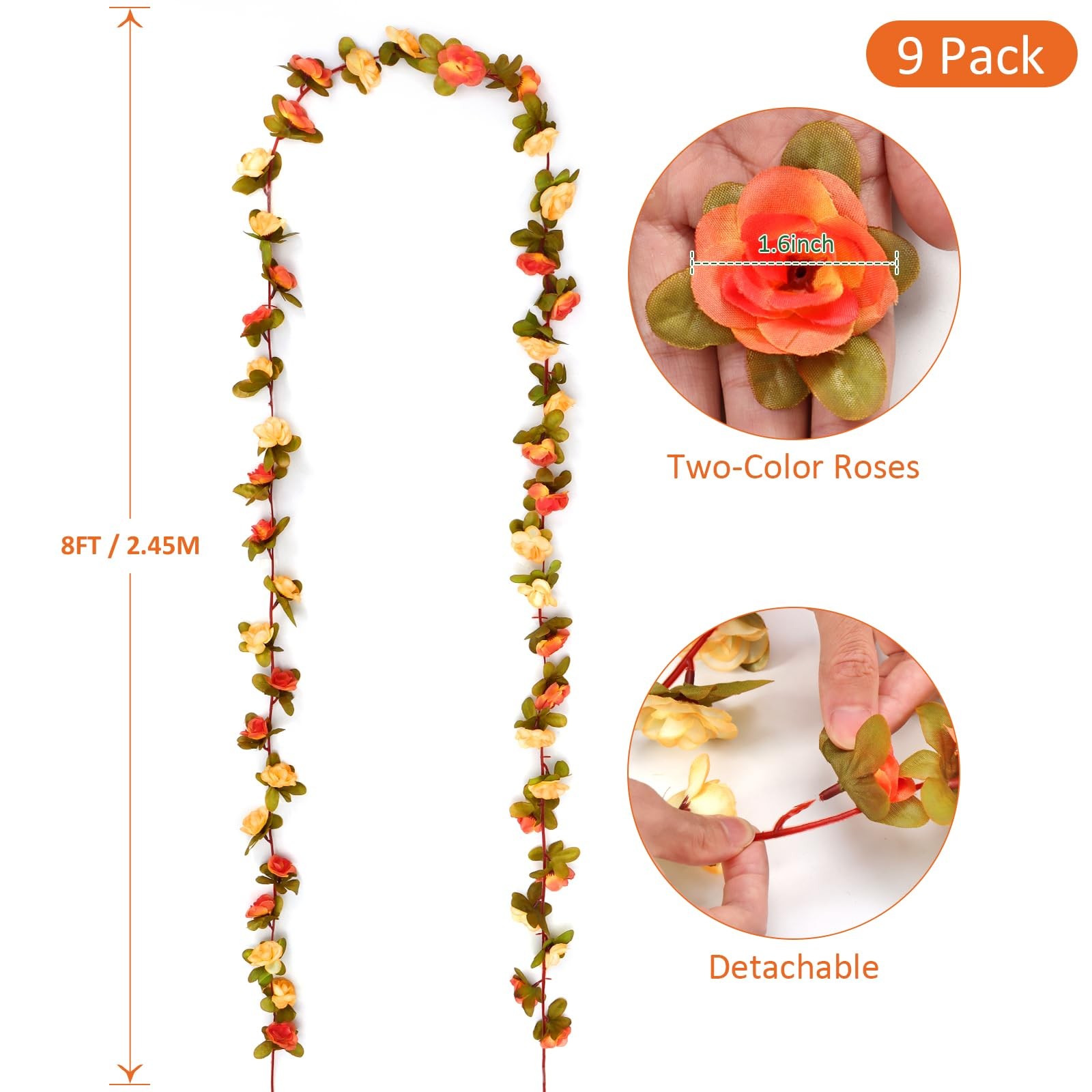 9 Pack 72 FT Artificial Flower Garland, Fake Orange Roses Vines Silk Flowers …