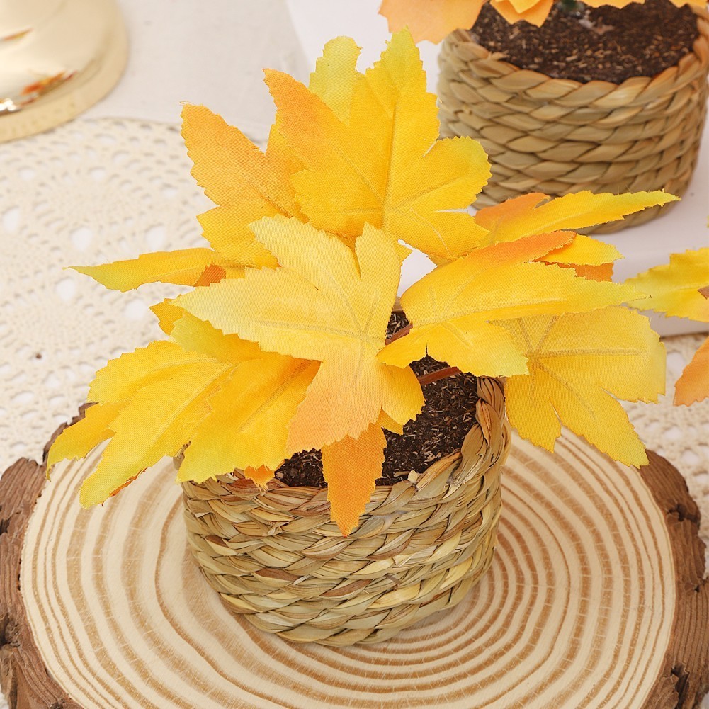 Lightweight Artificial Maple Leaf Decor in Handwoven Grass Pot for Easy Storage