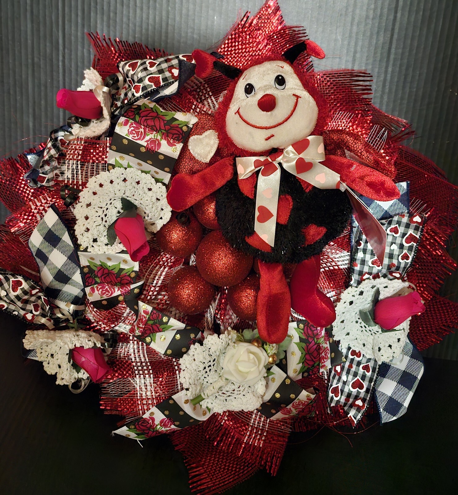 FREE Valentine Day Love Lady Bug Floral Roses Heart Ribbons 20″ Deco Mesh Wreath