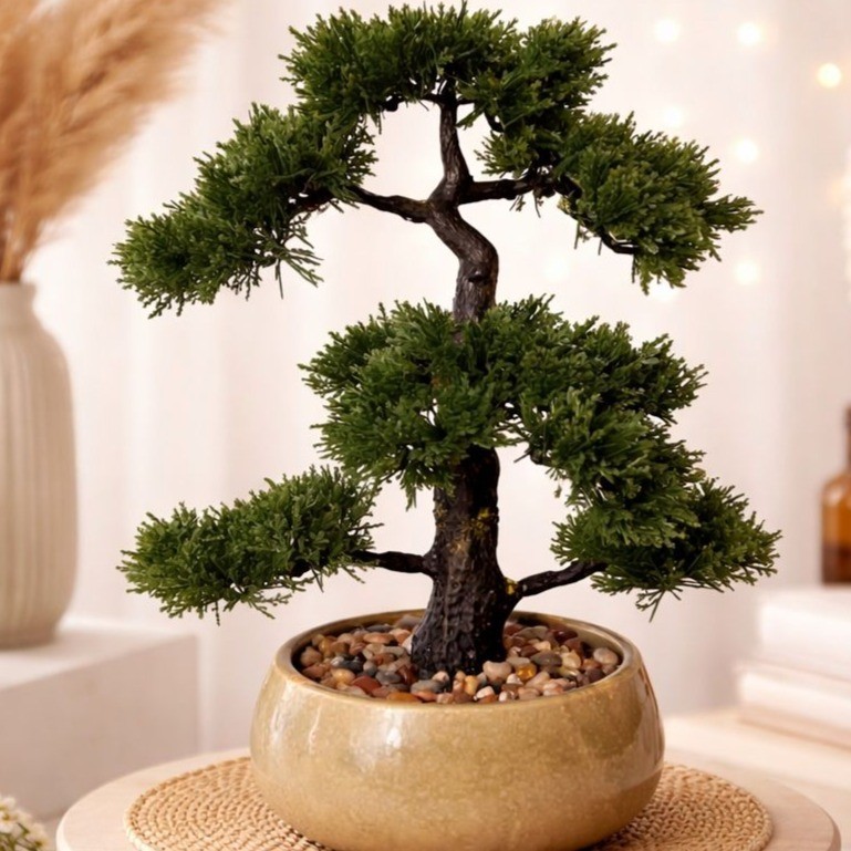 Artificial Bonsai Tree Faux Cedar Potted Plant Japanese Style Zen Decor Tabletop