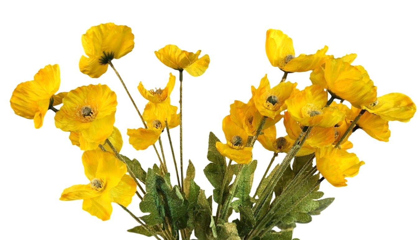 Yellow Artificial Poppy Flower Stems Silk & Plastic Foliage Single Stem Realisti