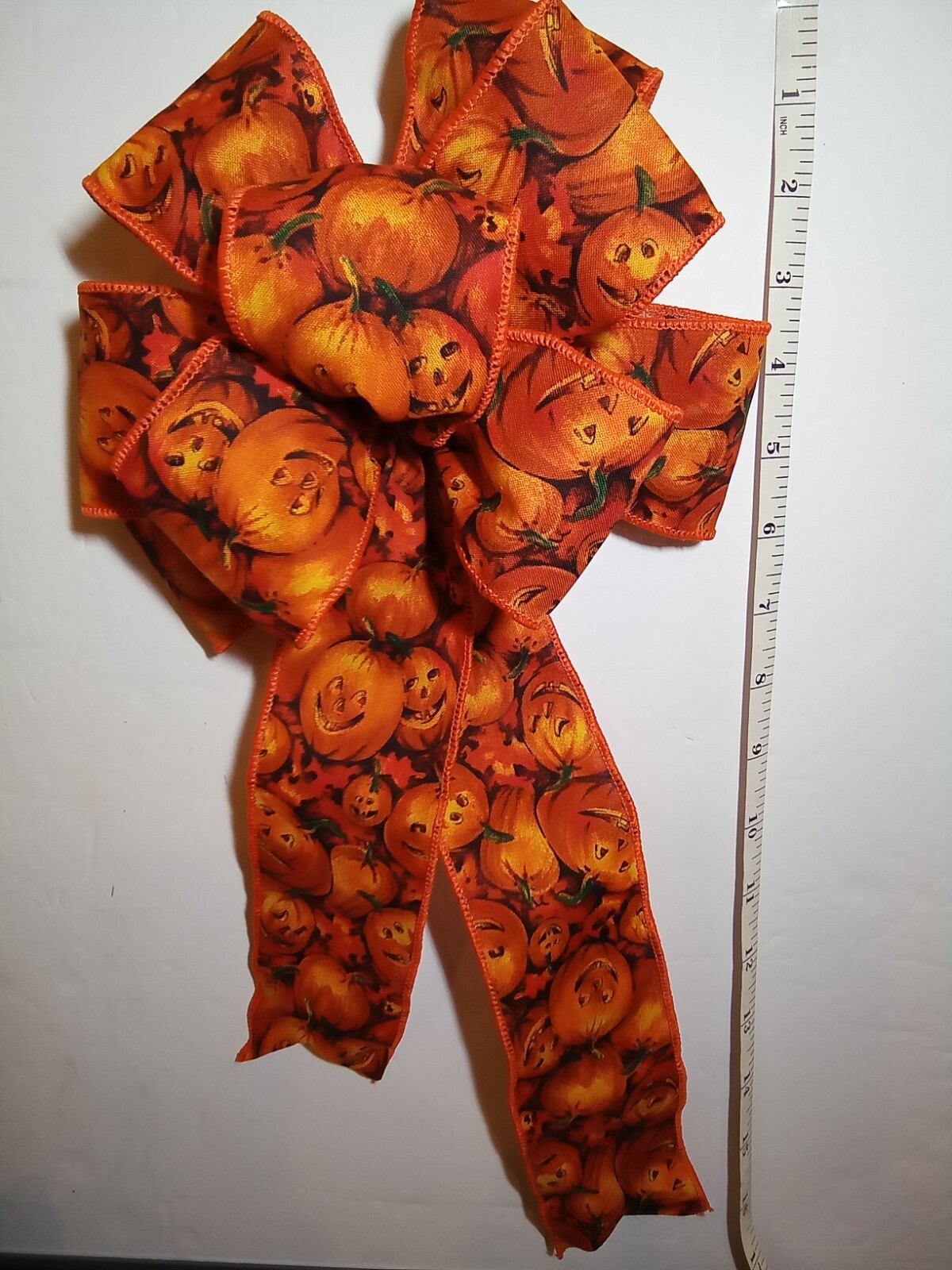 FALL HALLOWEEN BOW Pumpkins JOL faces hand tied 8-1/2″ size 9 loops wreath dec.