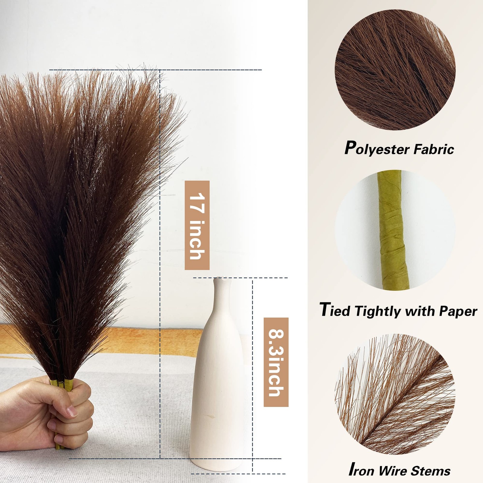 Faux Pampas Grass Small, 17″ Dark Brown Artificial Pampas Grass Fluffy 3 Pcs …