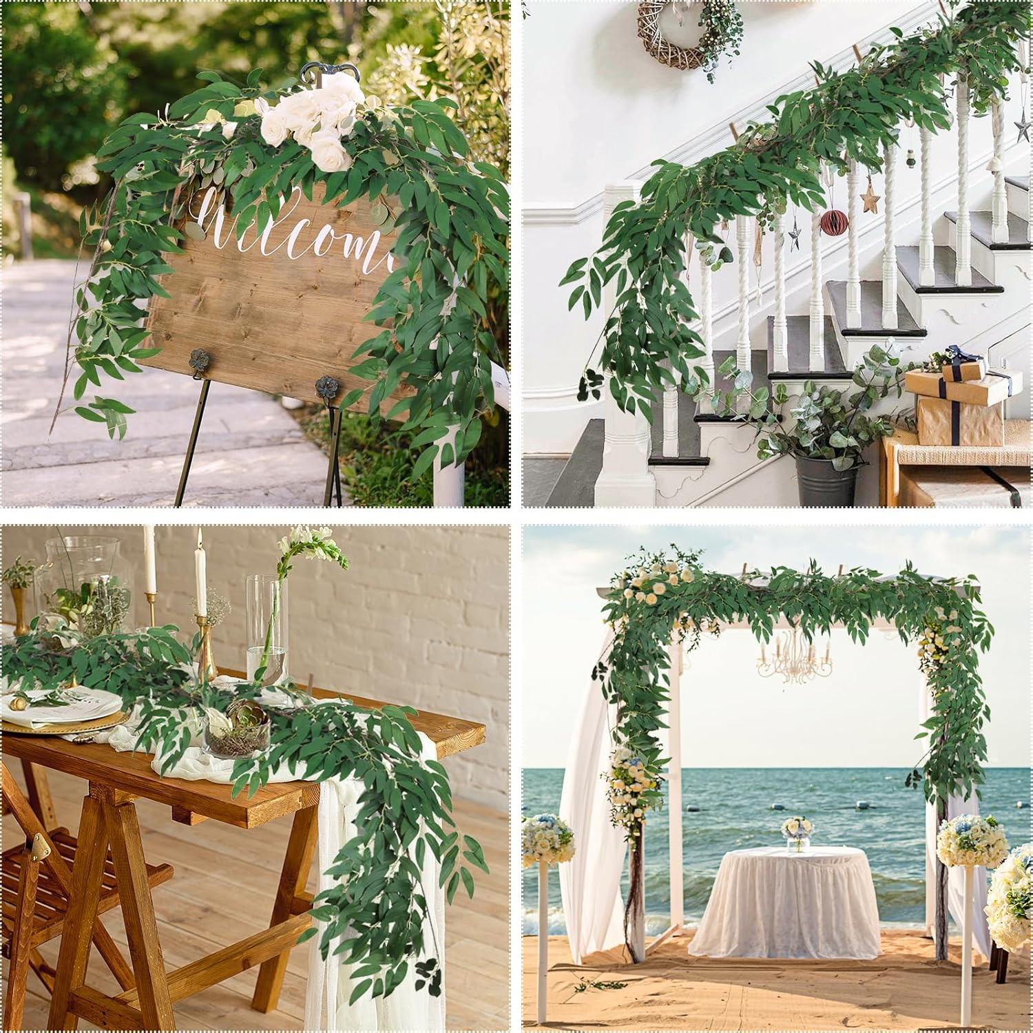 Artificial Willow Leaves Vine Twigs 2Pcs 5.7Ft Fake Hanging Ivy Plants Silk Gree