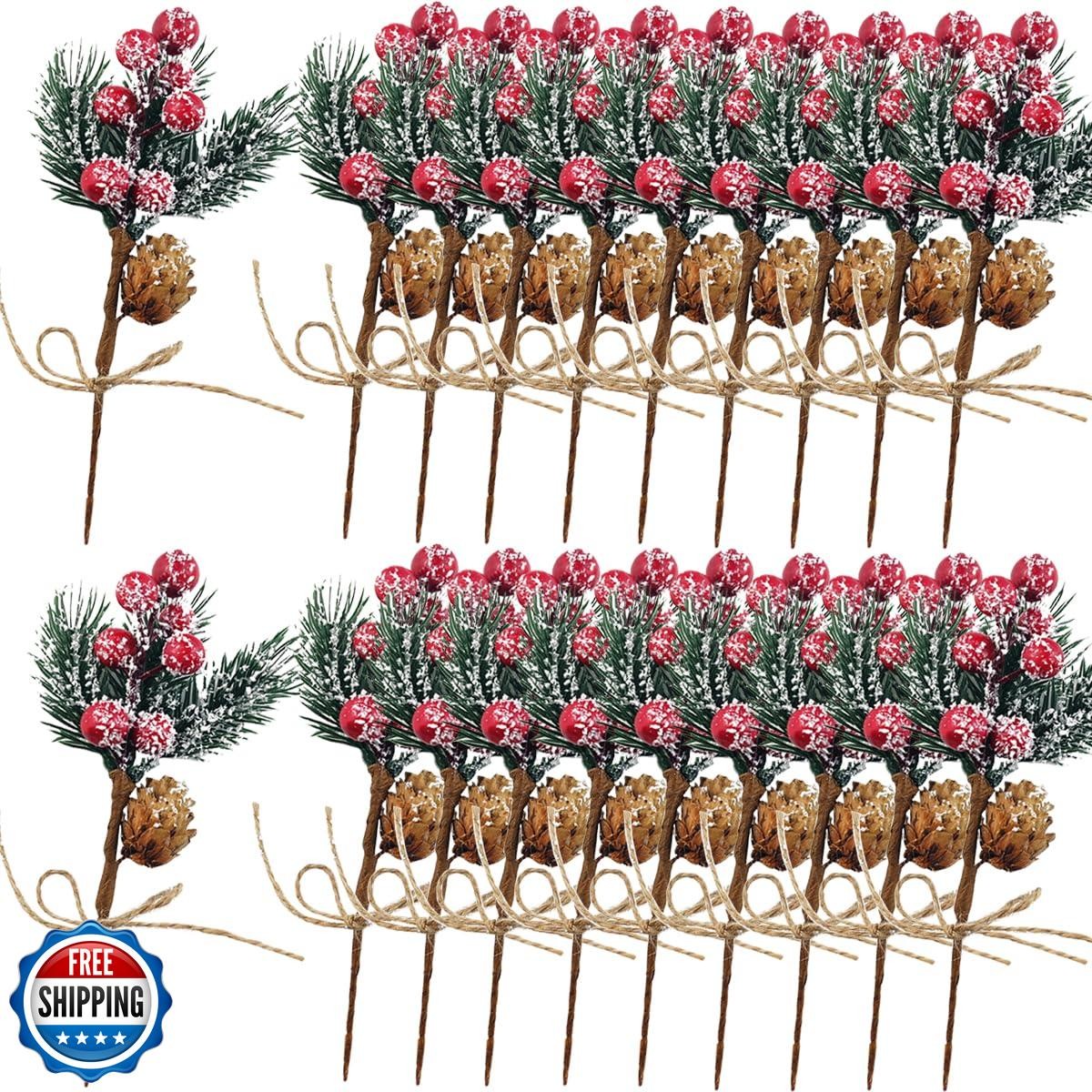 TIHOOD 20PCS 8inch Artificial Christmas Floral Picks, Red Fake Berry Picks St