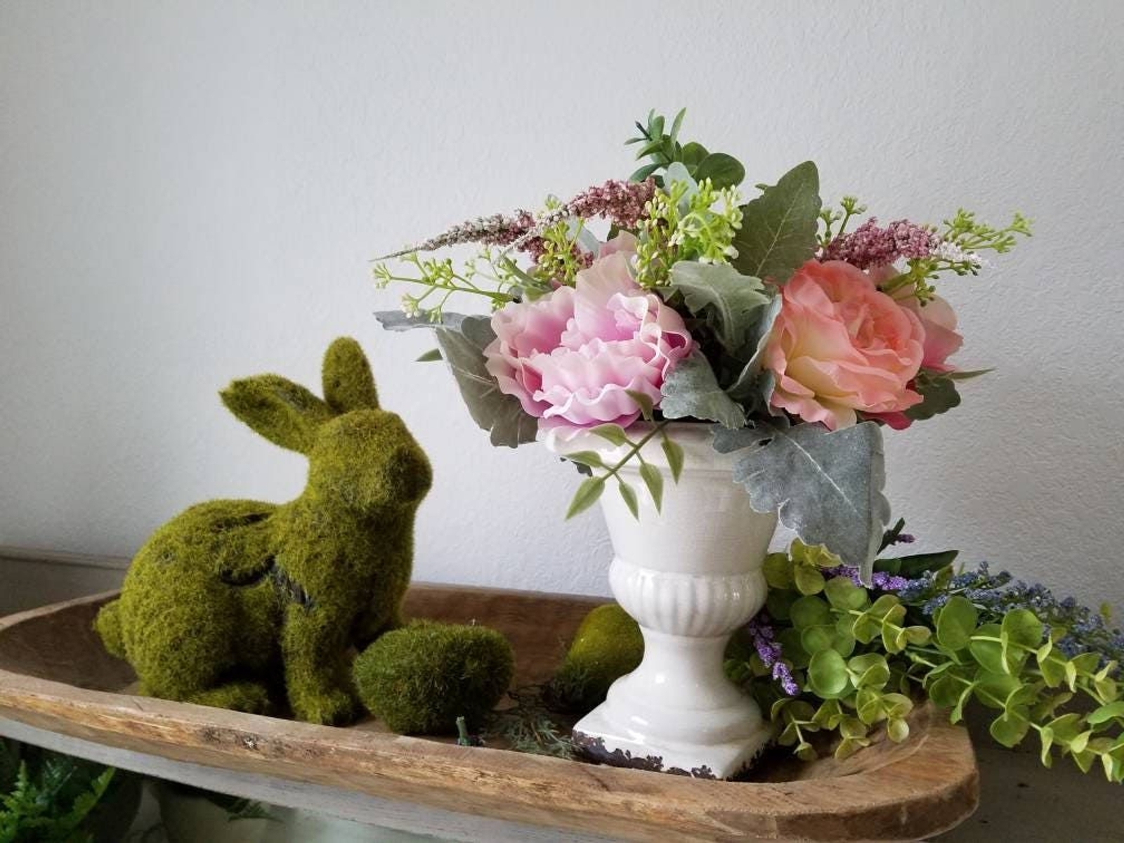 White Urn with faux flowers floral arrangement plants
