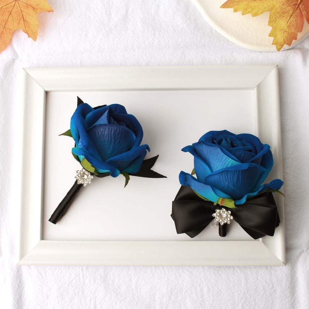2 PCS Wrist Corsage Rose Boutonniere Set Wedding Prom Hand Decor Black Blue