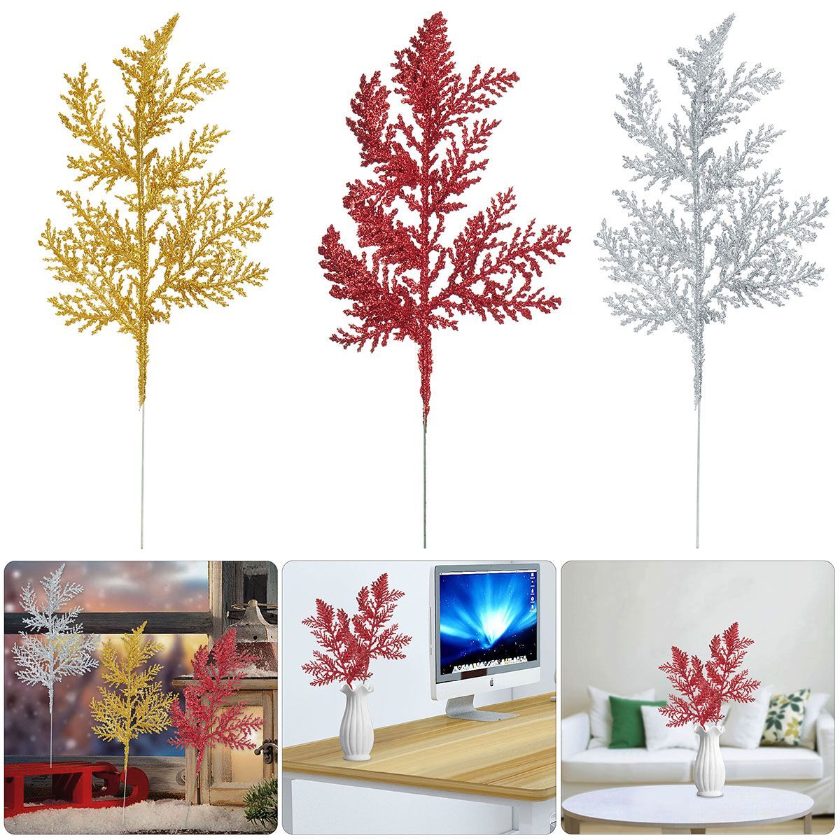 10X Pine Needles Fake Floral Christmas Glitter Fern Leaf Branch Decor Artificial