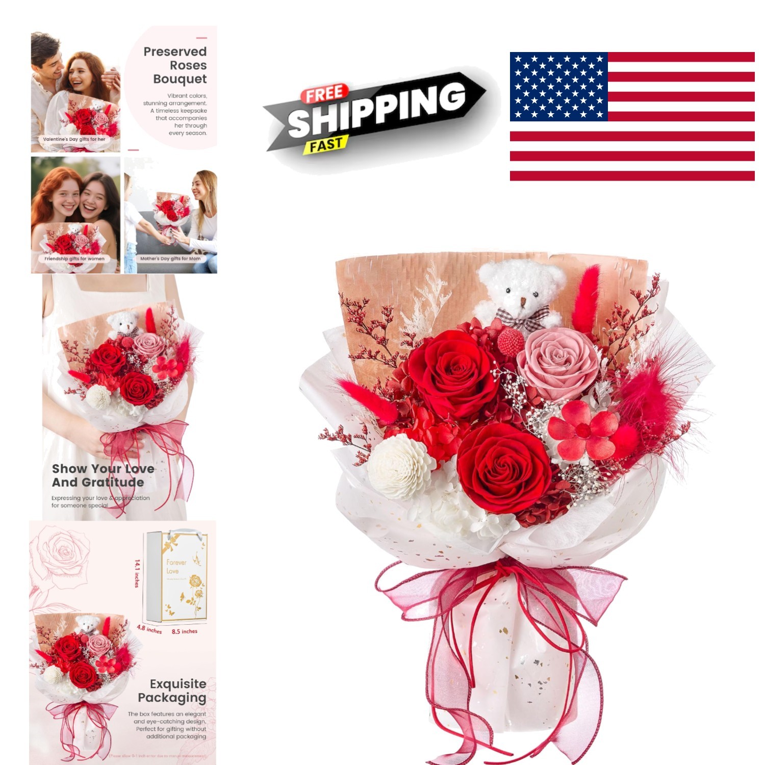 Romantic Forever Flower Arrangement Red Roses with Bear Ideal for Anniversary