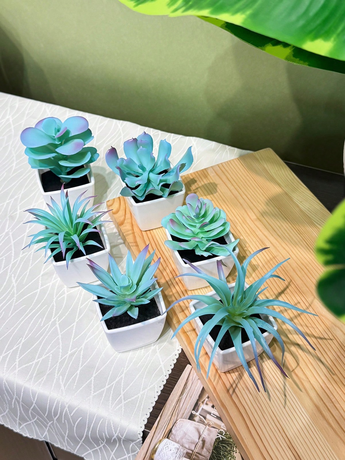 6PCS Artificial Blue Green Succulent Plants 250242ZH6 in White Pots Home Decor