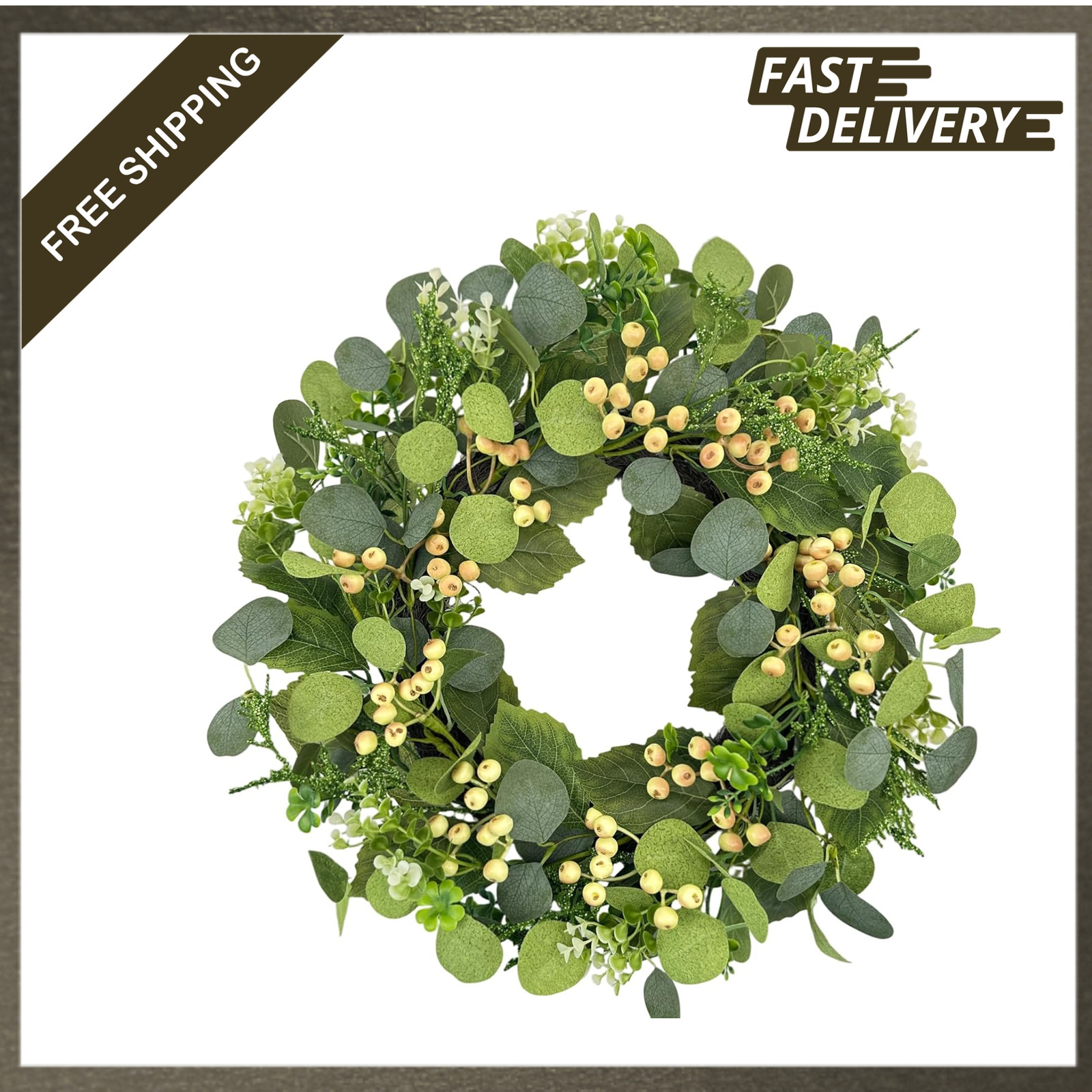 22 Inch Eucalyptus Wreath with Yellow Berries and Pink Sash for Front Door