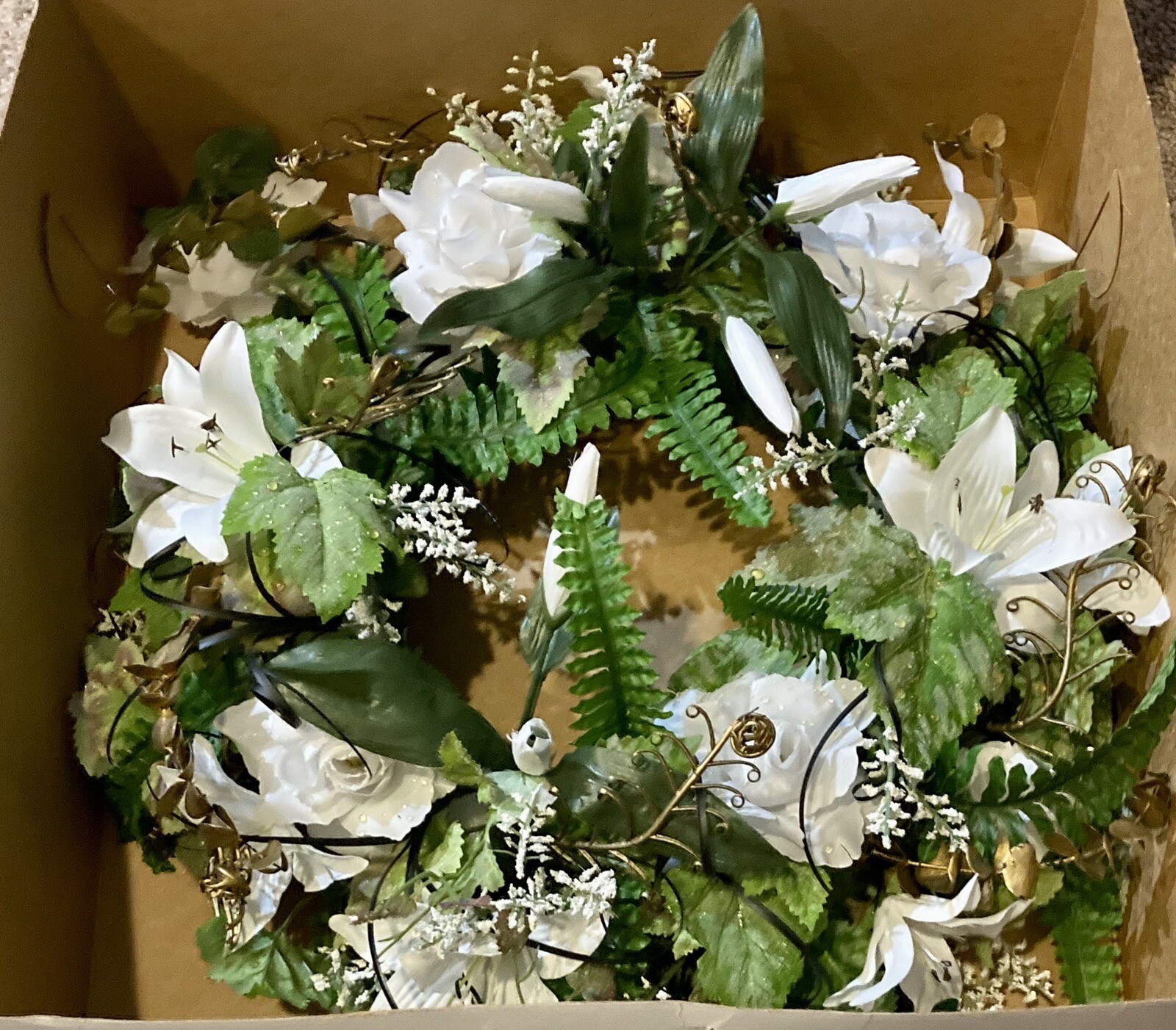 Nearly Natural Floral Wreath 18×18 Mix Of Lillie’s, Ferns , Add Your Own – New