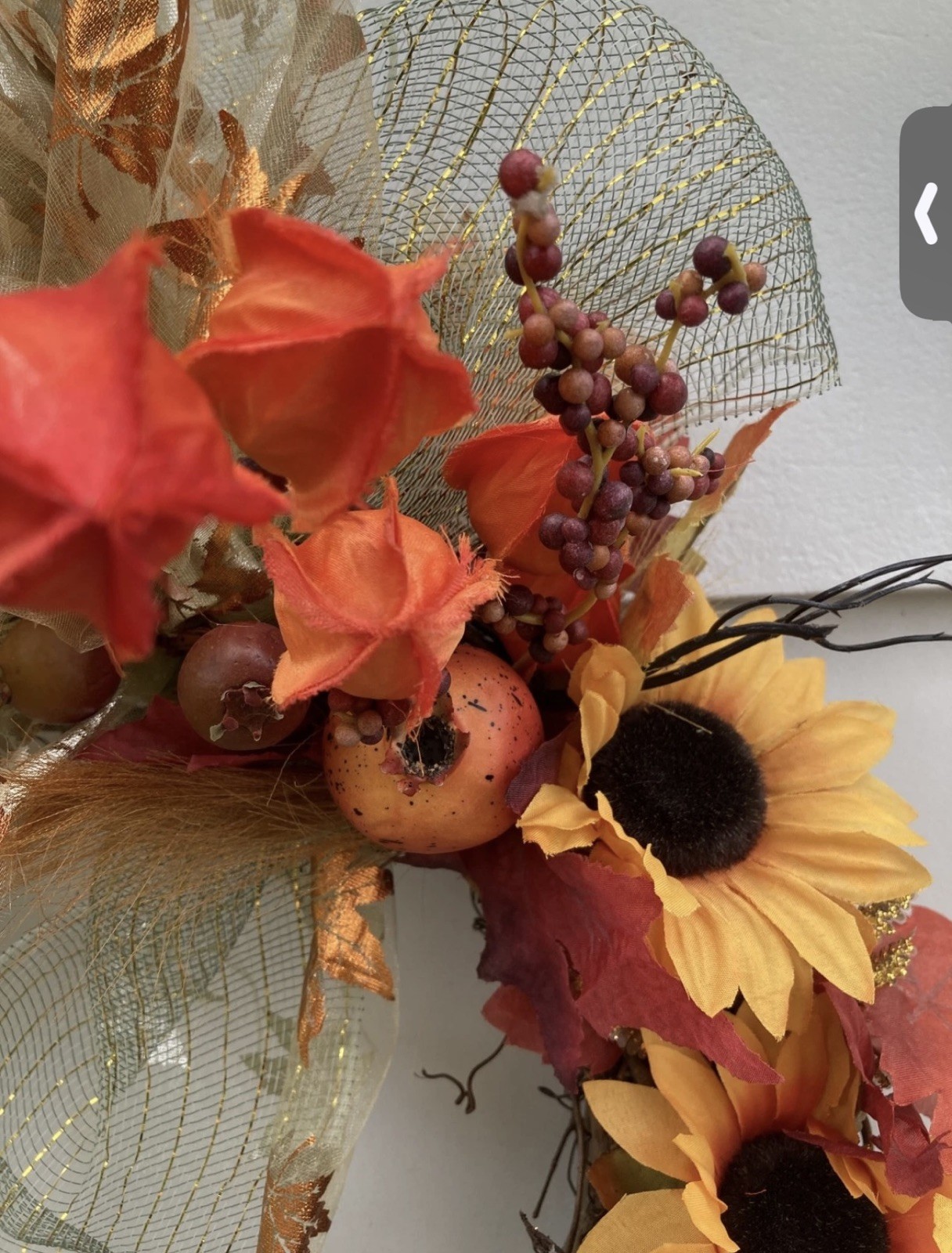 Sunflower Grapevine Country Rustic Wreath w Chinese Lanterns Pomegranate, ferns