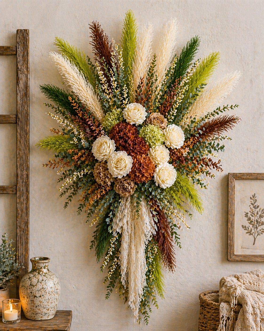 Green Pampas Grass Bundle 16 Stem Faux Pampas White and Green Boho Decor Vase Fi