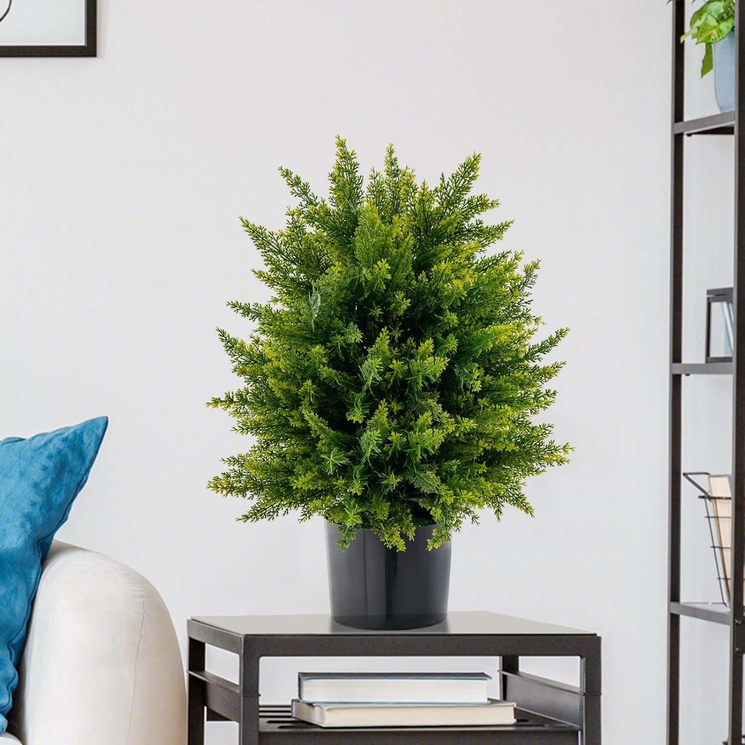Set of 2 Faux Cedar Topiary Ball Trees in Cement Pots for Home Decor