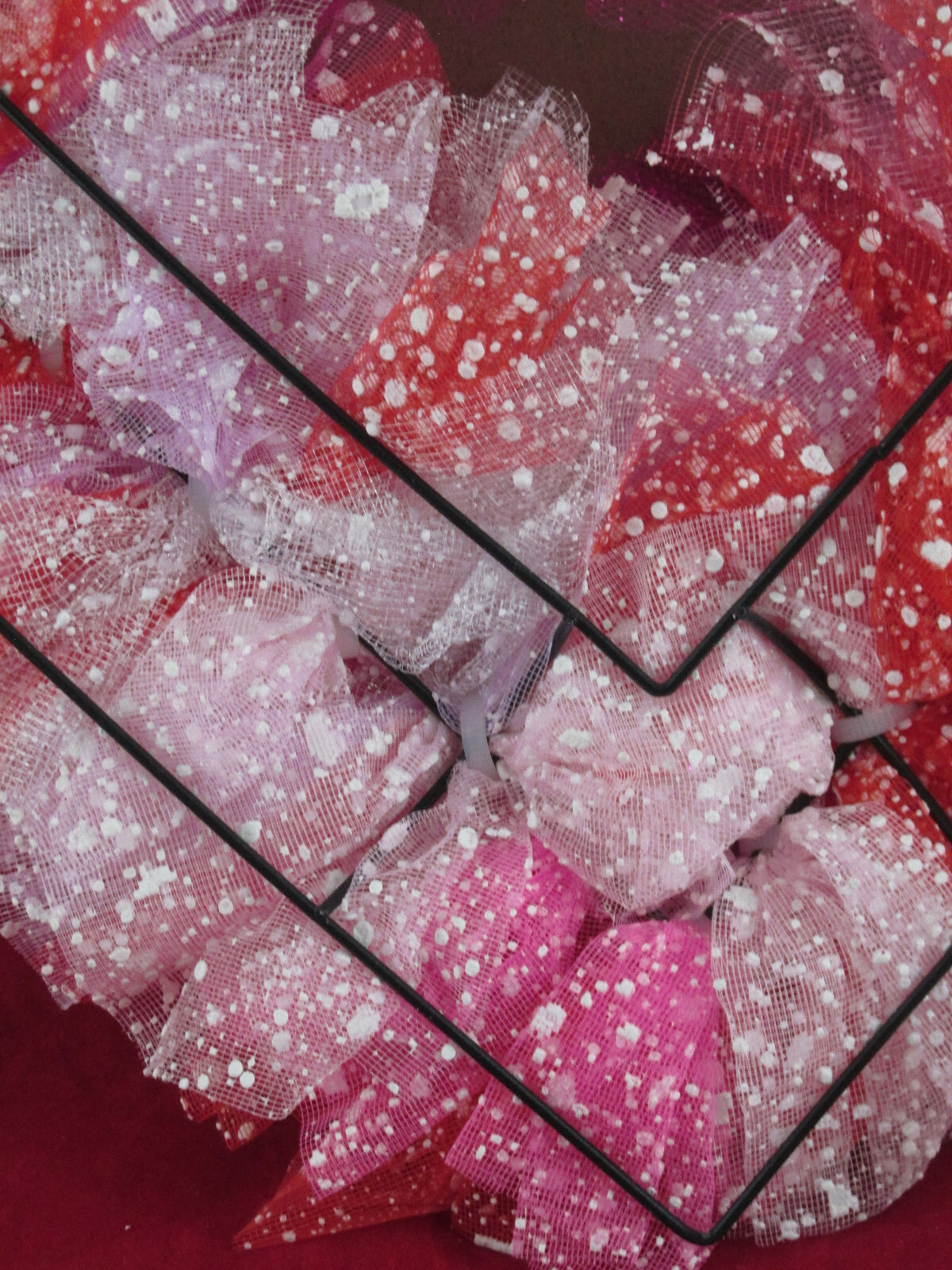 Red, White, and Pink Faux-Snow Deco Mesh Heart-Shaped Wreath