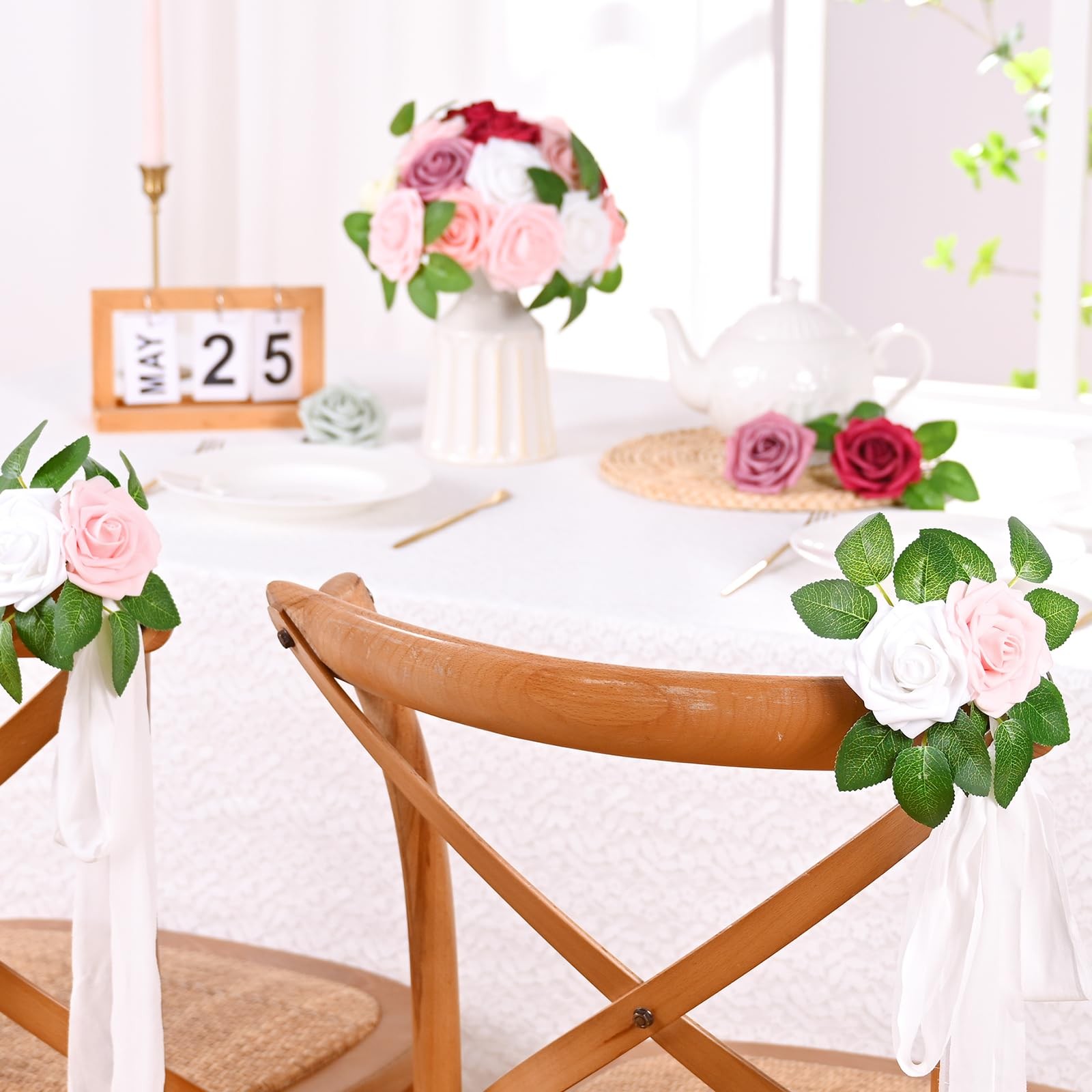9 Pcs Artificial Flowers Fake Rose with Stems – White Real Touch Foam Roses f…