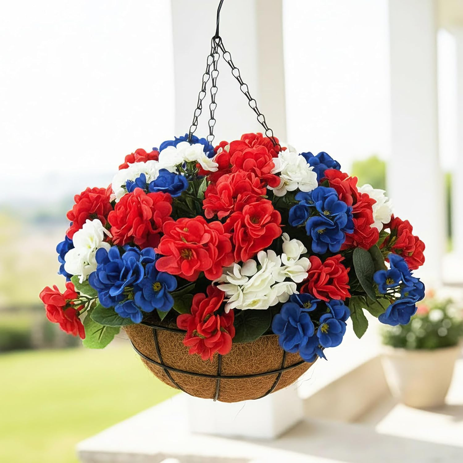 Patriotic Red White Blue Hanging Basket – 4th of July Decor for Your Home