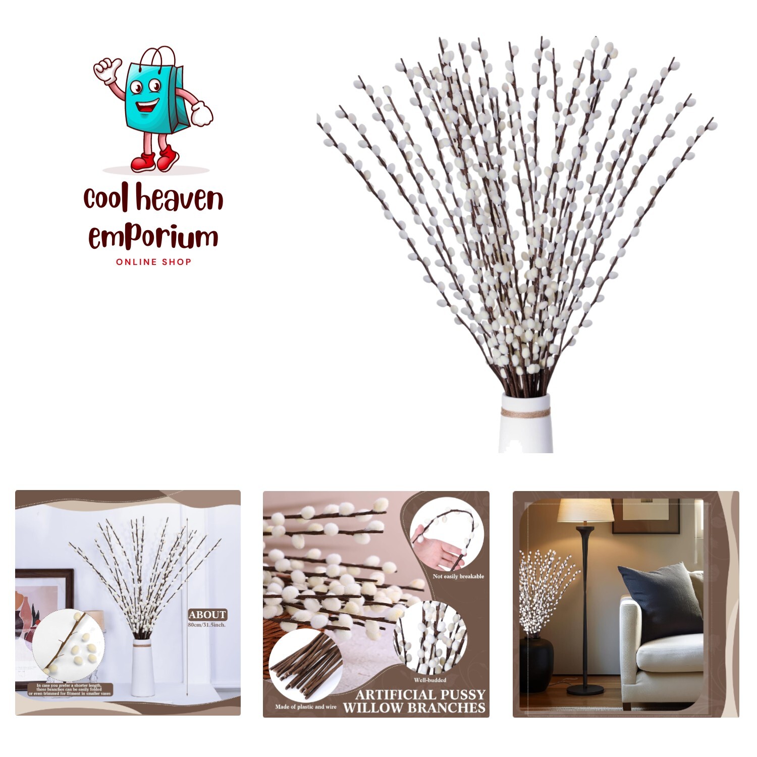 20 Stems 31.5 Inch Artificial Pussy Willow Branches for Vases Dried Flower St…