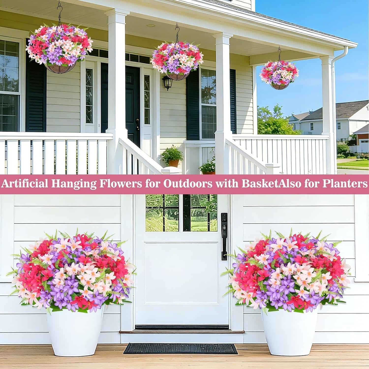Artificial Faux Hanging Plants Flowers Basket for Outdoors Spring Summer Deco…