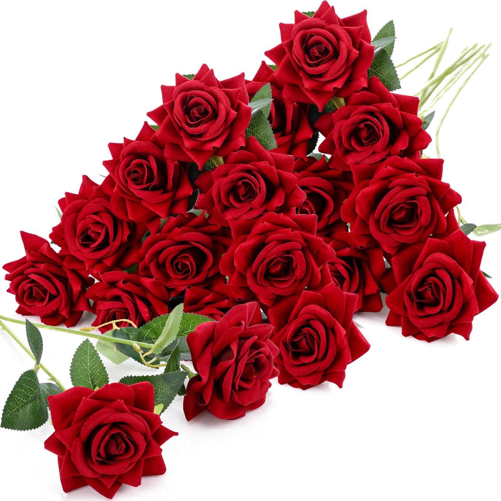20 PCS Red Roses Artificial Velvet Flowers Fake Silk Rose Faux Floral Bouquet