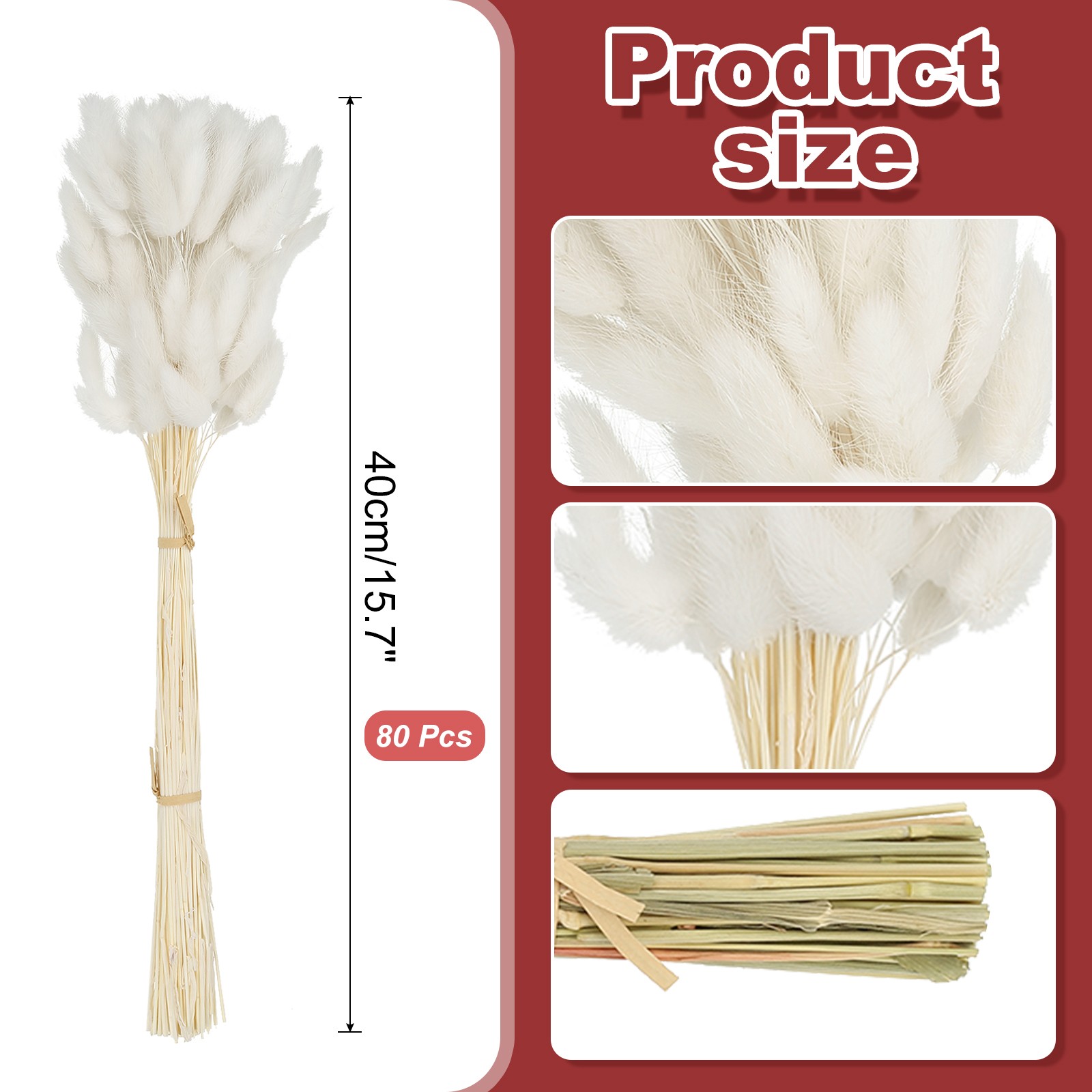 15.7in Bunny Tails Dried Flowers, 80pcs Pampas Grass Decor Rabbit Tail, White