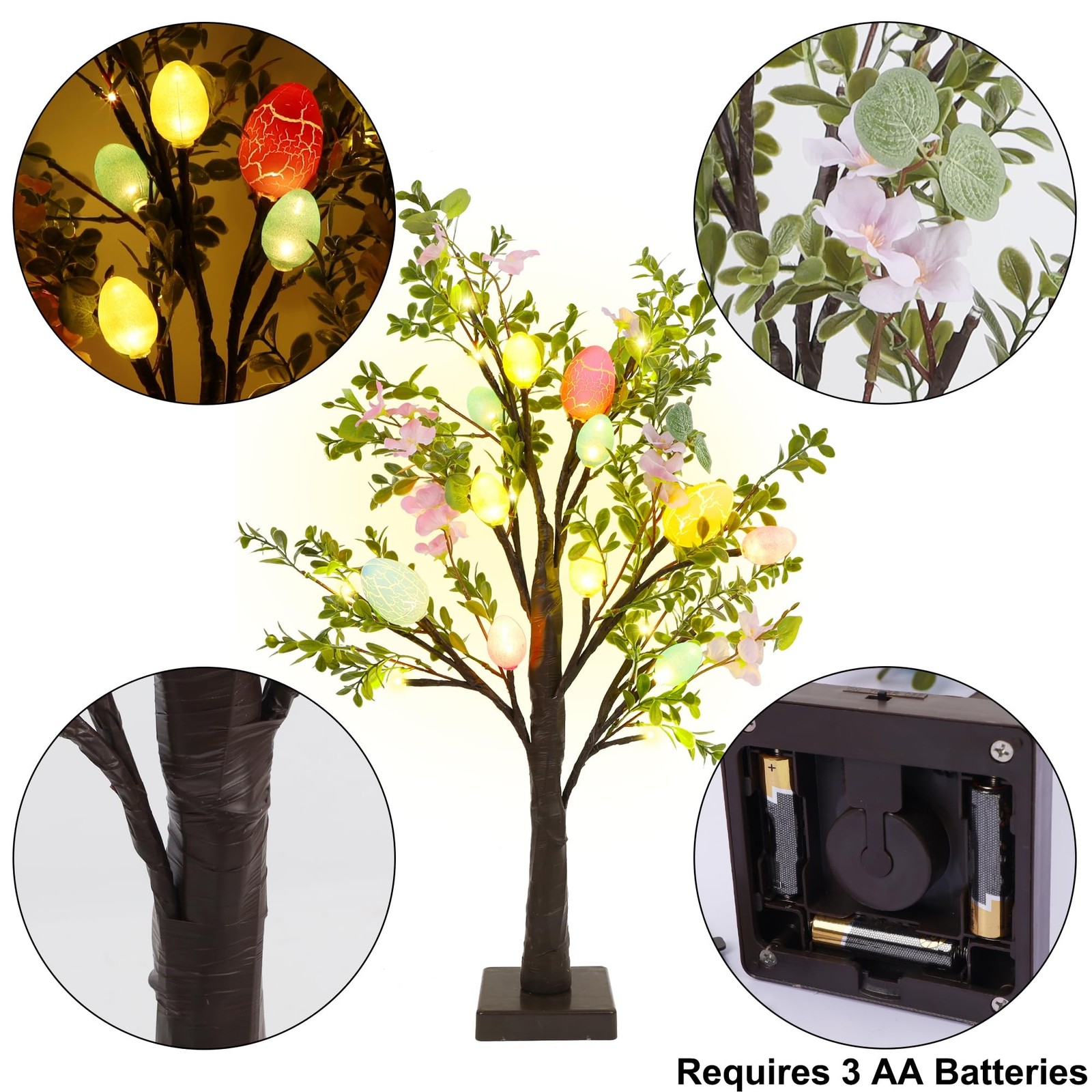 Easter Decor Set of 2 Lighted 24 Inch Artificial Tree with Easter Eggs & Colorfu