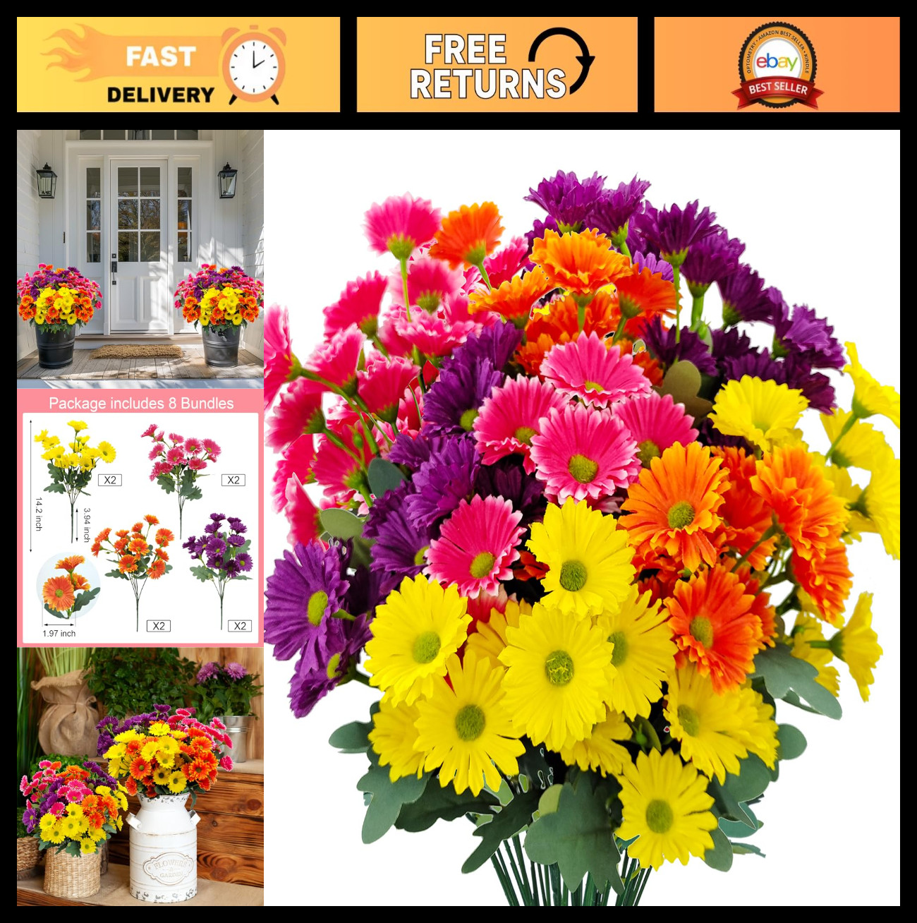 8 Bundles Artificial Silk Daisy Flowers – UV Protected Outdoor Indoor Bouquet fo