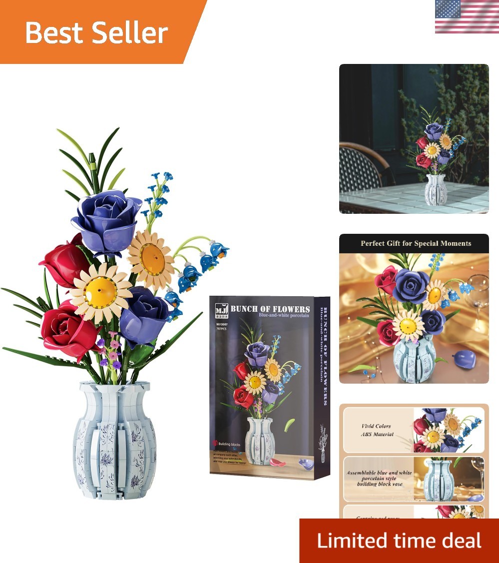 Roses Flower Bouquet Building Set,787 Pcs Artificial Flower Kit with Vase,Pla…