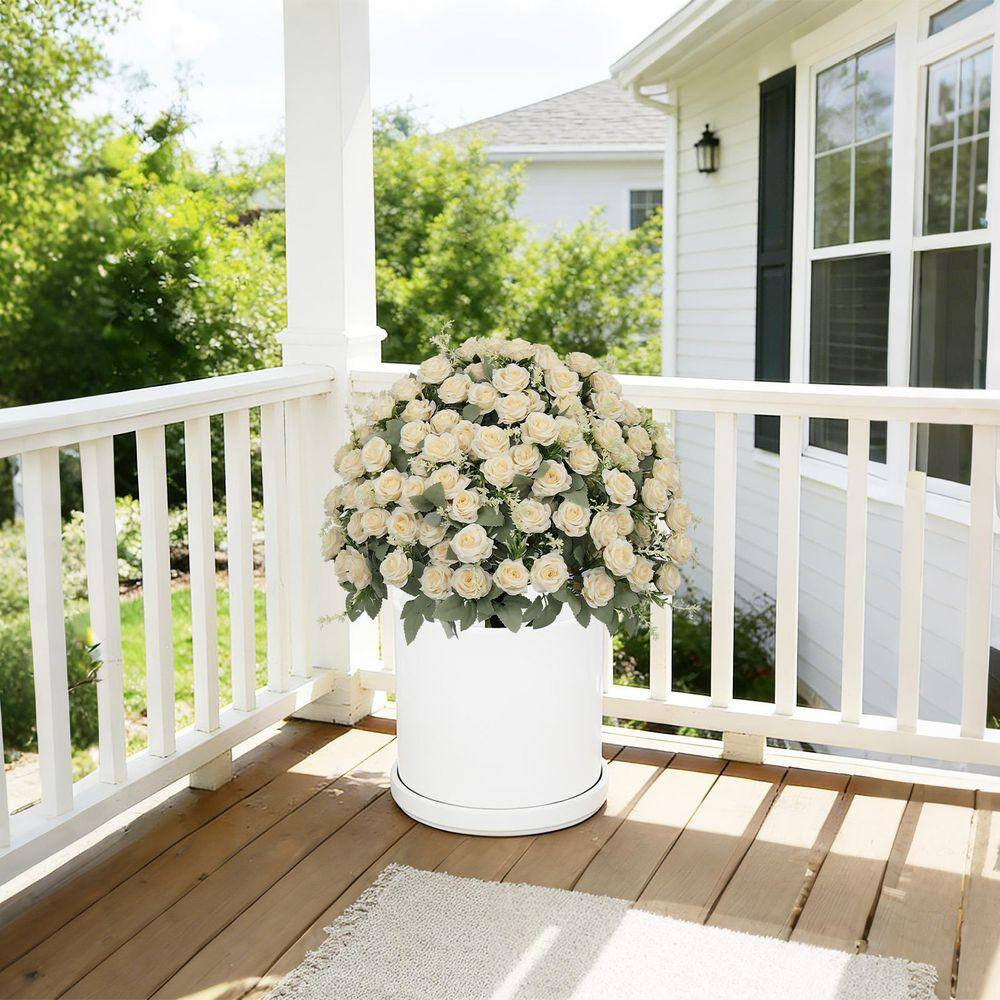 24 In. White Green Artificial Decorative Rose Set of 2 in Black Pot, Lifelike Fa