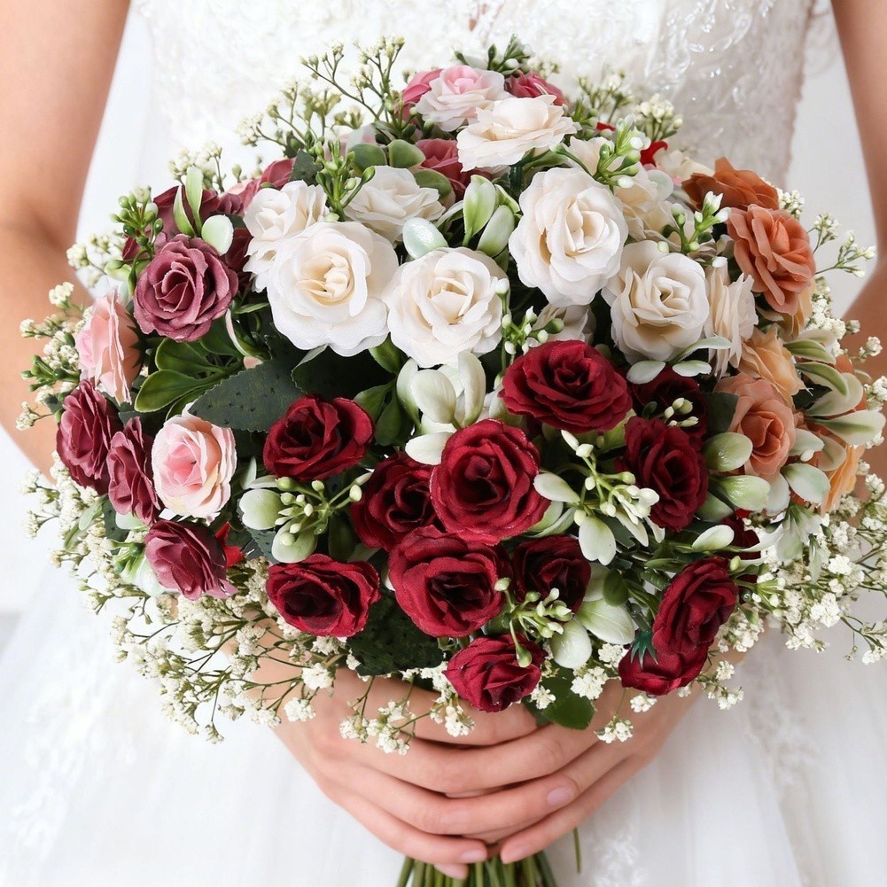 Faux Rose Bouquet with 15 Plastic Blooms for Bridal Use or Interior Decoration