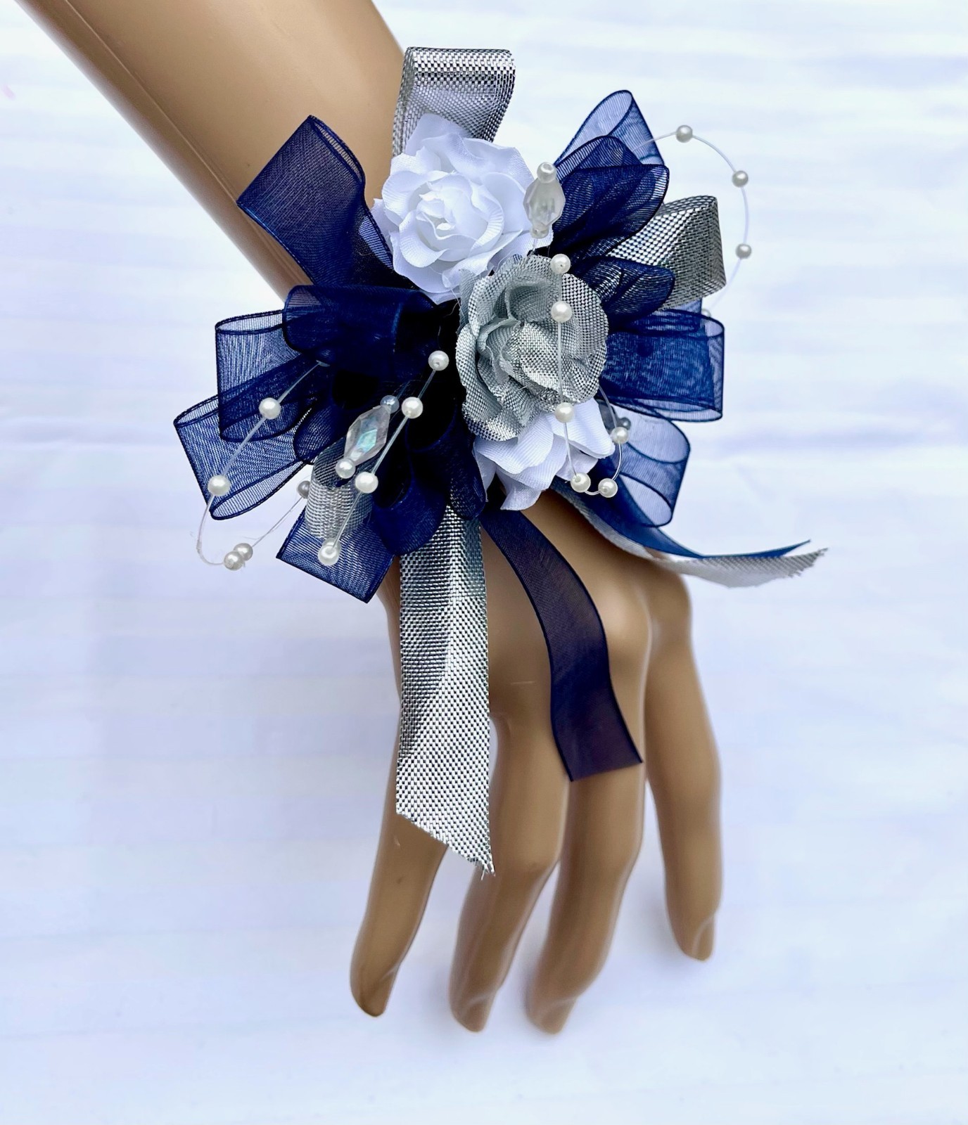 Marine Navy Blue Silver White Wedding Quincenearas Wristlet Corsages Flowers