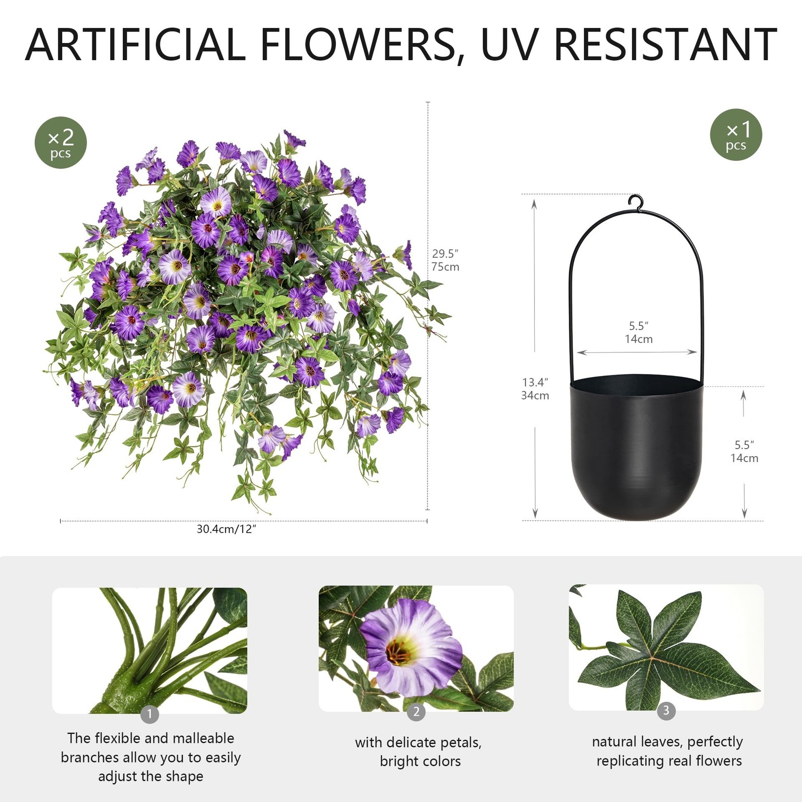ENALGRE Artificial Petunias 2PCS Purple with Pot UV Resistant Outdoor Decor
