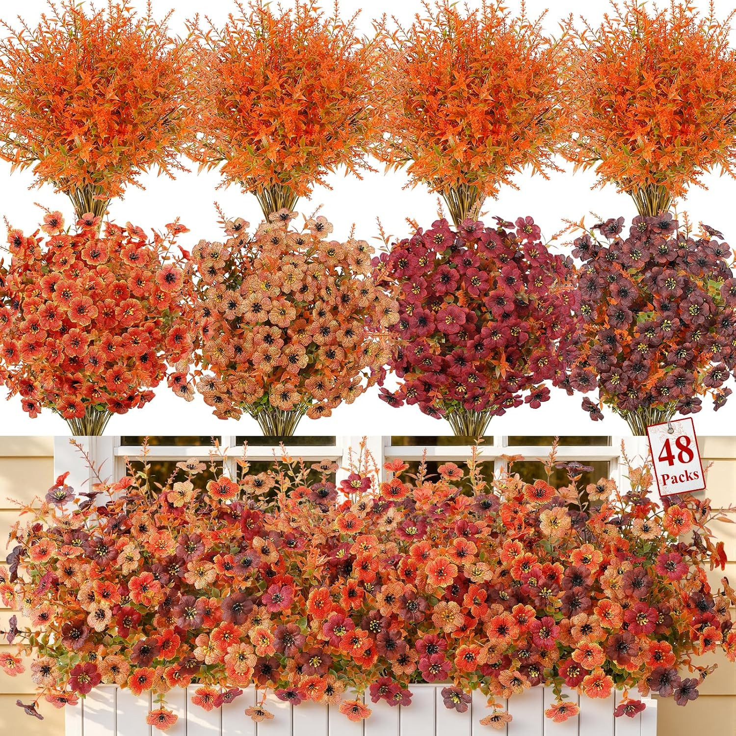 24 Bundles Artificial Flowers for Outdoors Decoration, Faux Plants Fake Silk Col