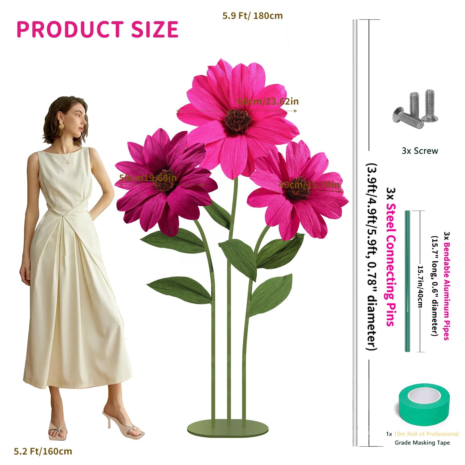 Giant Flower with Heavy Duty Iron Base Stand, Aluminum Pipe Stems | Large Art…