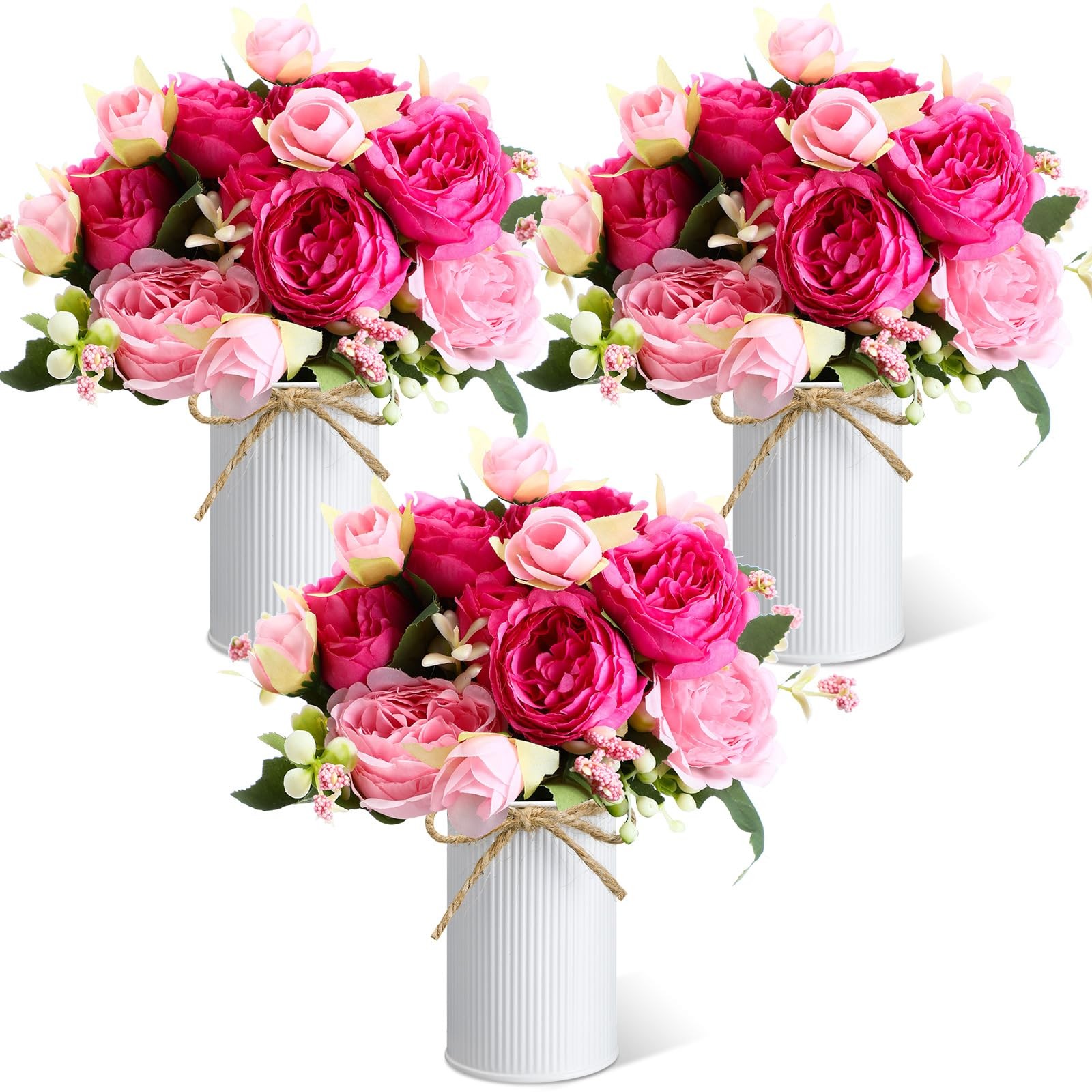 3 Sets Artificial Peonies Flower Peony Bouquet with Galvanized Metal Pot Silk…