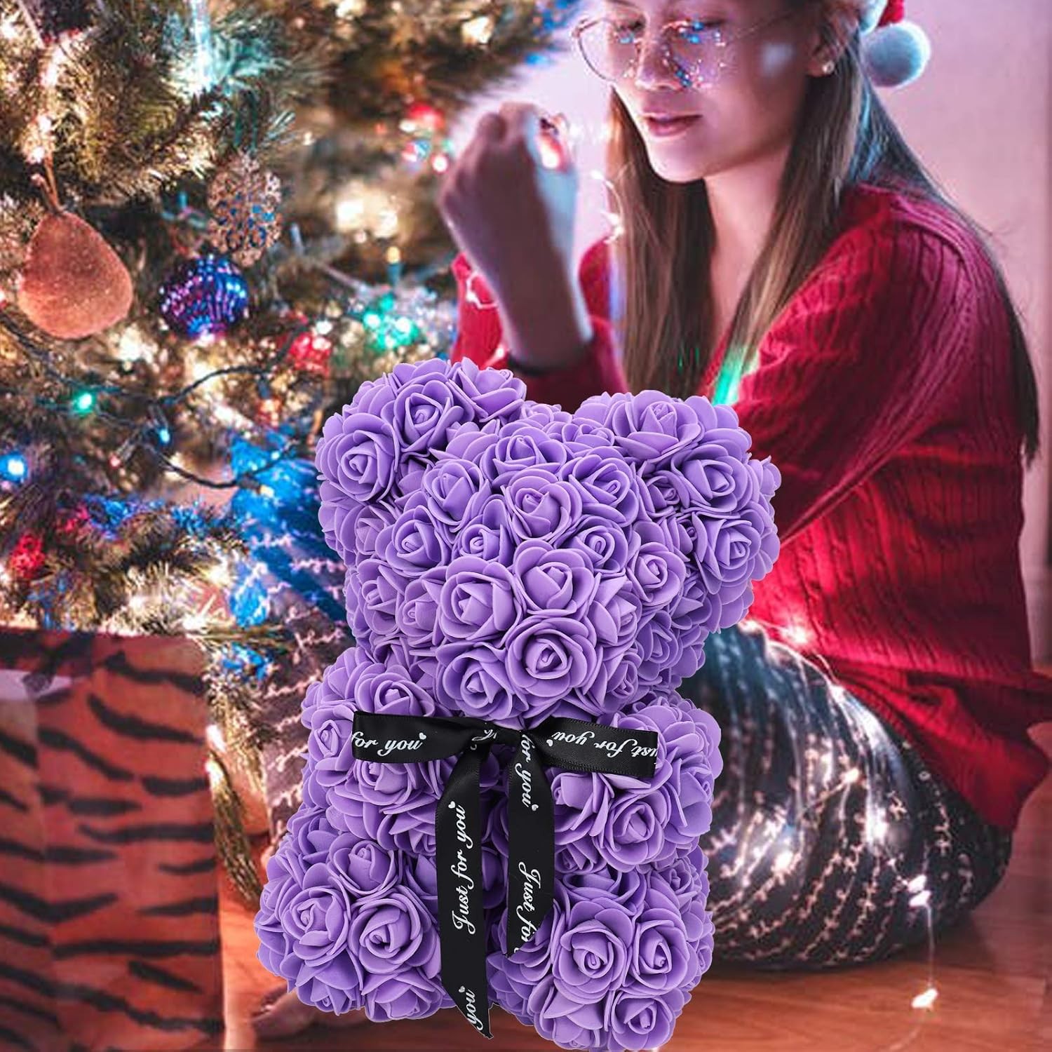 Large 16 inch Rose Bear Rose Teddy Bear Artificial Flower Girlfriend Gift Purple